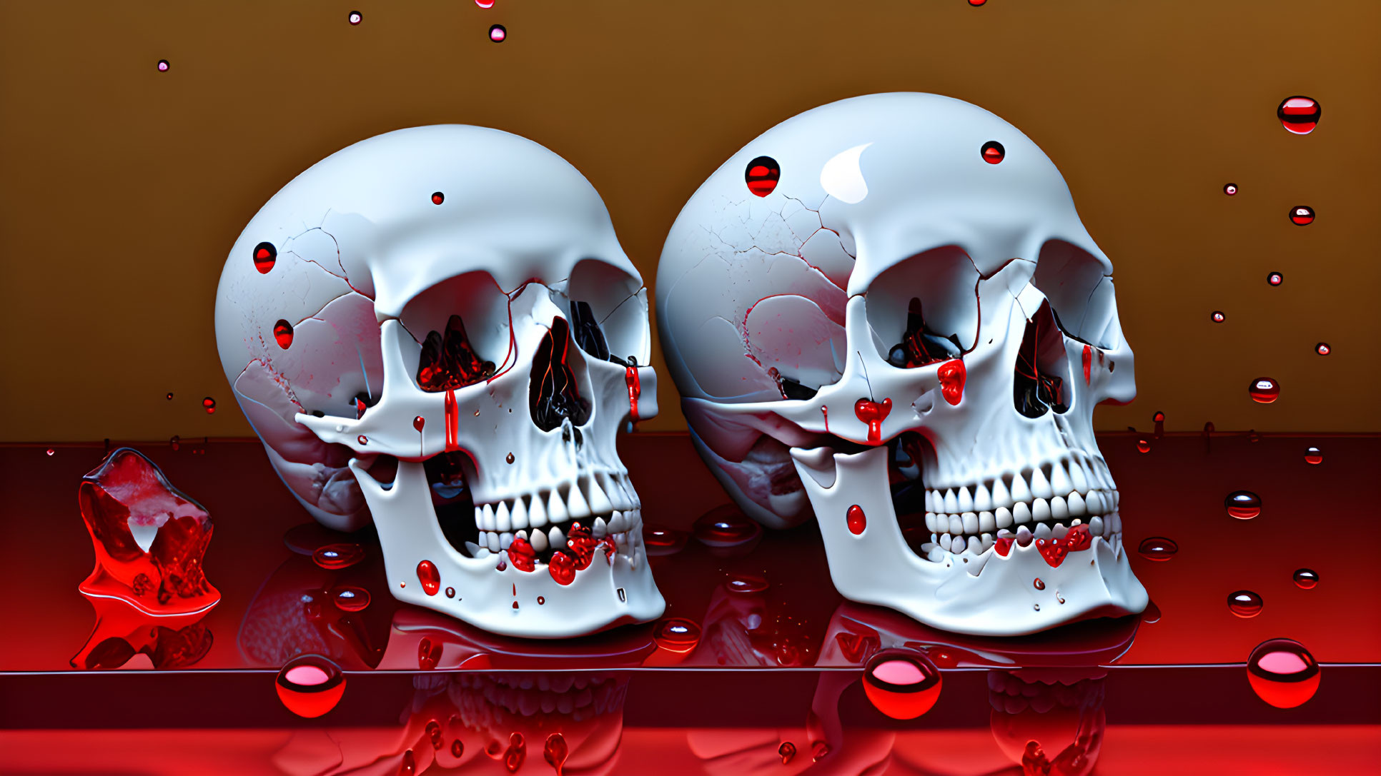 Glossy white skulls with red droplets on reflective surface