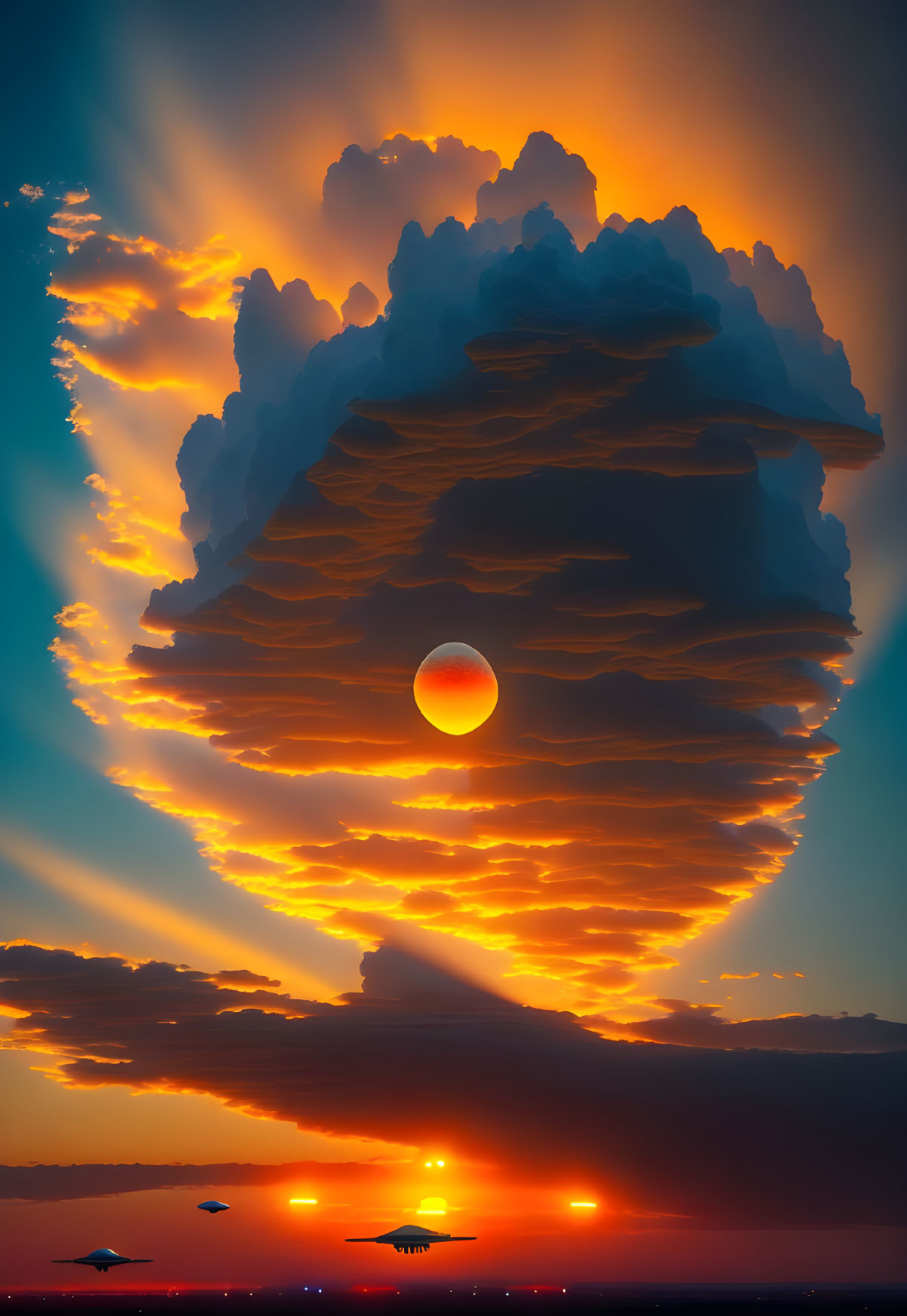 Colorful sunset with illuminated cloud, orange sky, sun peeking through layers, UFO silhouettes