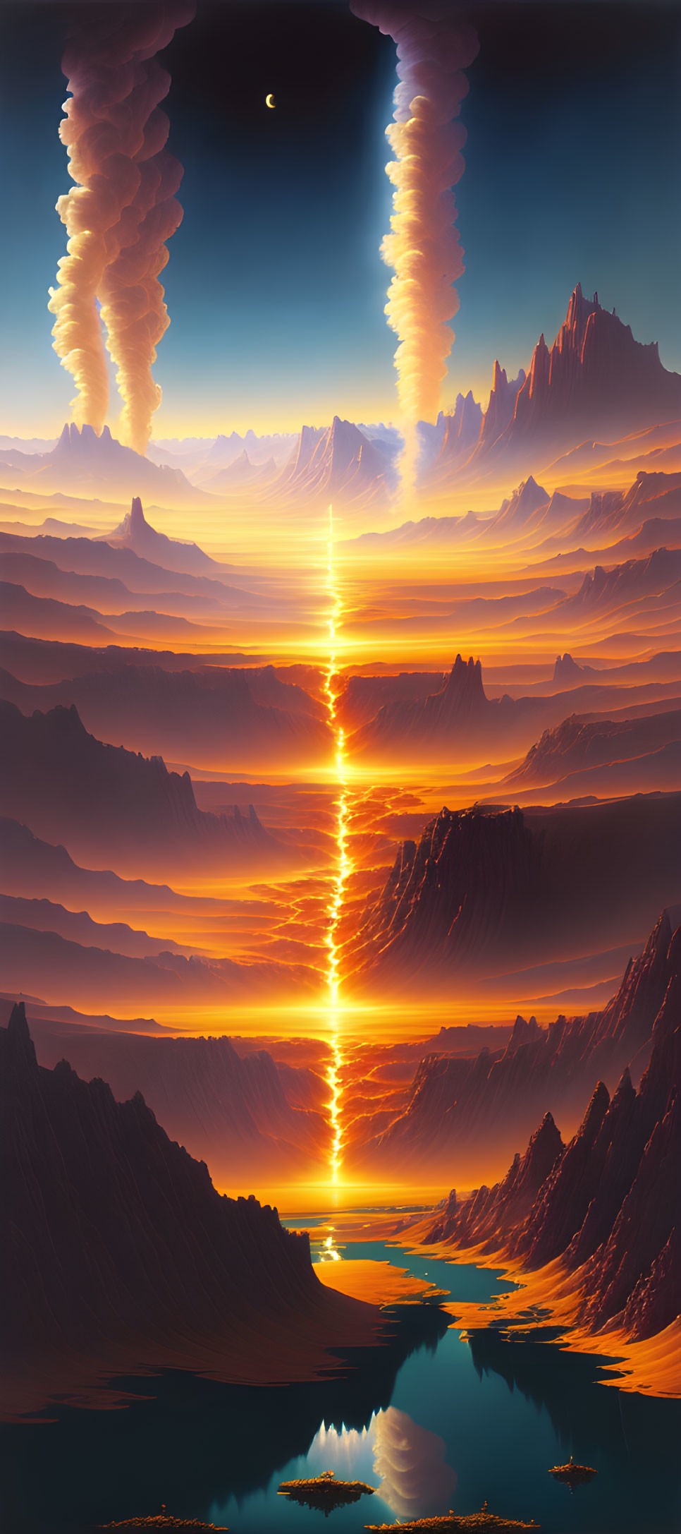 Majestic landscape: fiery sunset, tranquil waters, towering mountains, luminous beams