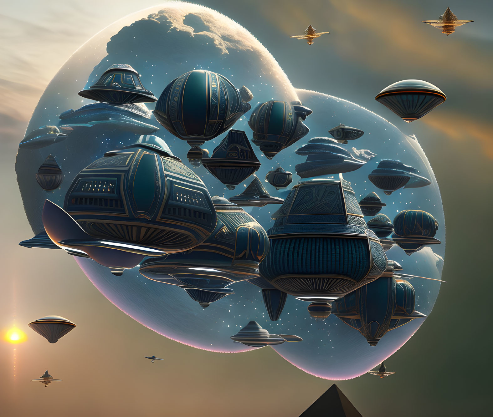 Surreal digital artwork: Ornate airships against moon in steampunk scene