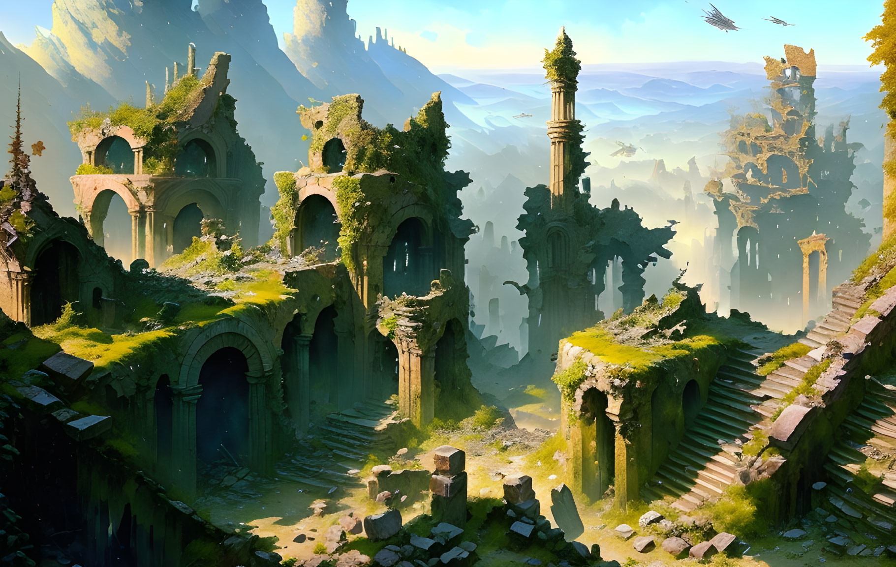 Ancient overgrown city ruins with arches and tall tower in misty mountains