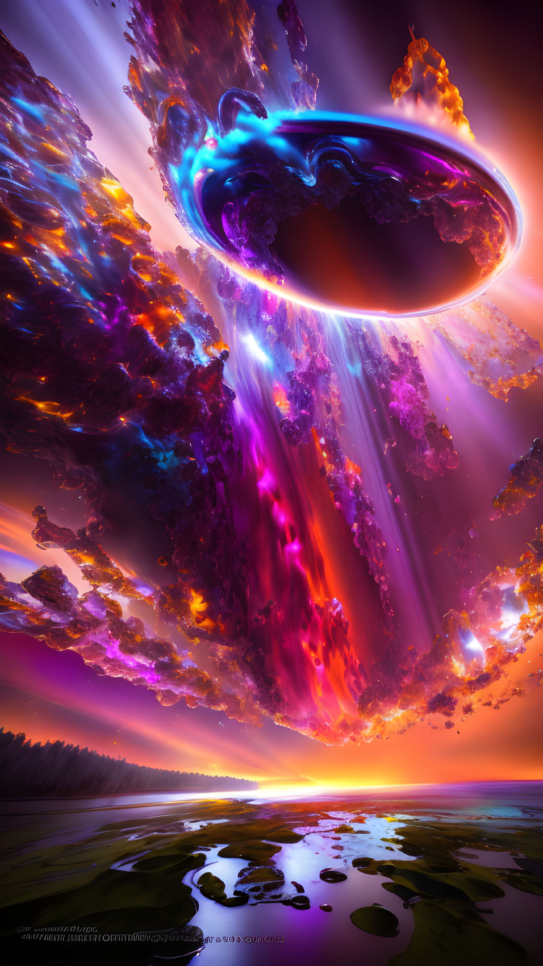 Surreal landscape with purple and blue ring anomaly in sky