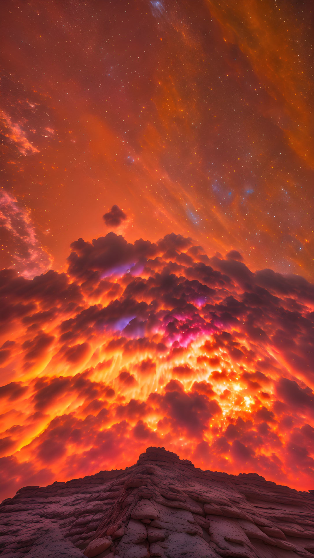 Orange and Purple Sky with Stars Above Rocky Terrain