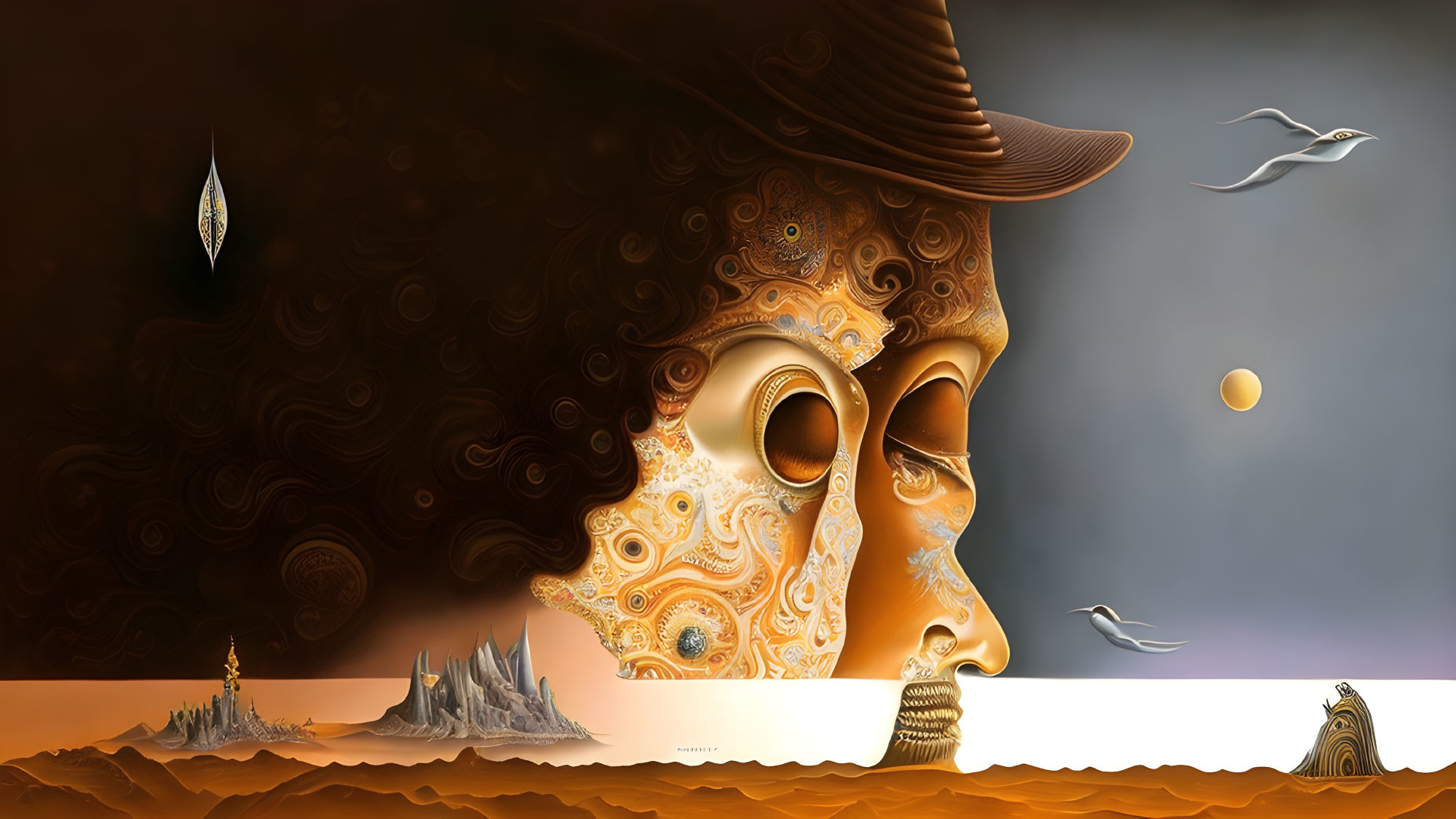 Gigantic ornate face in surreal landscape with witch hat, seagulls, and fantastical