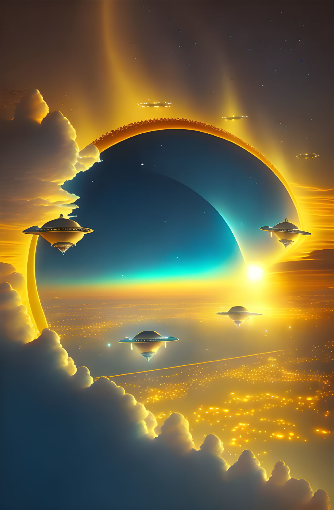 Surreal sci-fi artwork featuring giant planet, golden clouds, sun, and flying saucers