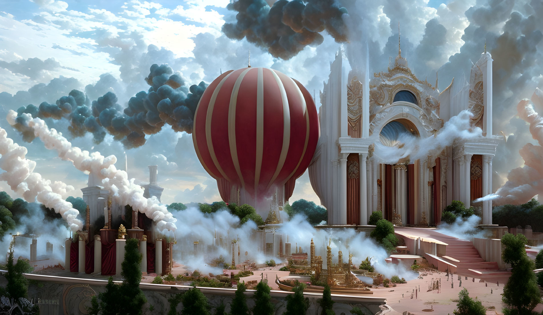 Classical architecture palace with hot air balloon in dramatic sky