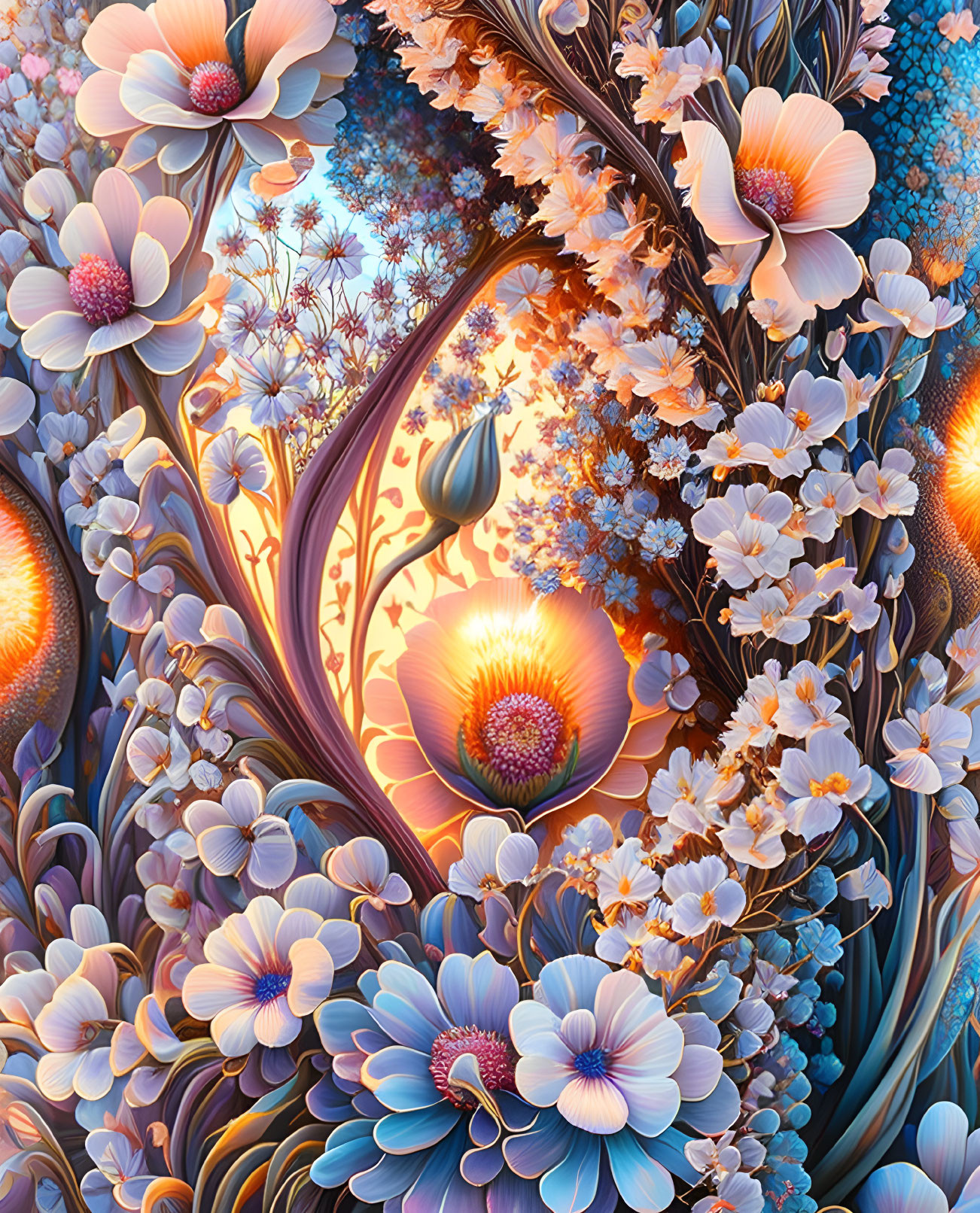 Colorful digital artwork: Intricate stylized flowers in blue, pink, and orange