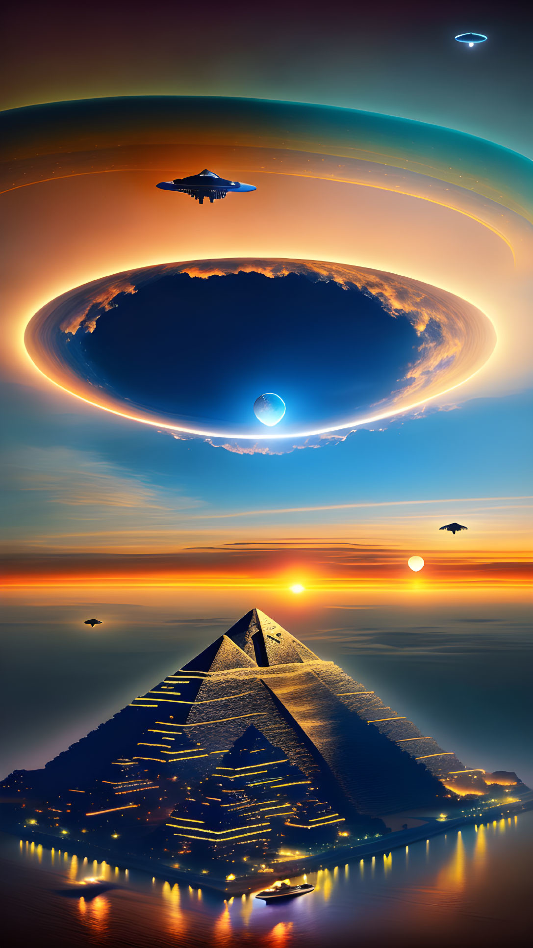 Surreal digital artwork: Pyramid, rings, craft, planets, sun, water.