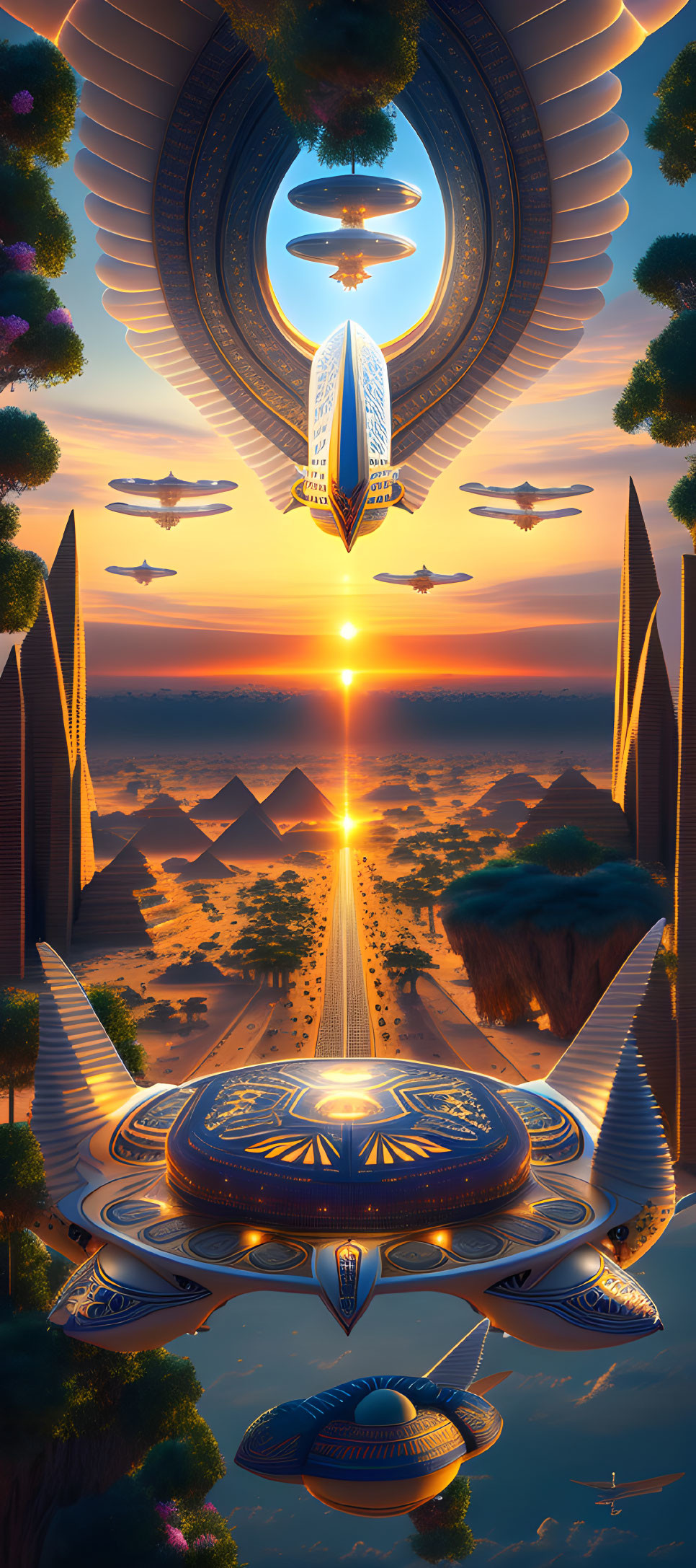 Futuristic cityscape with flying vessels, pyramids, lush greenery, and symmetrical architecture