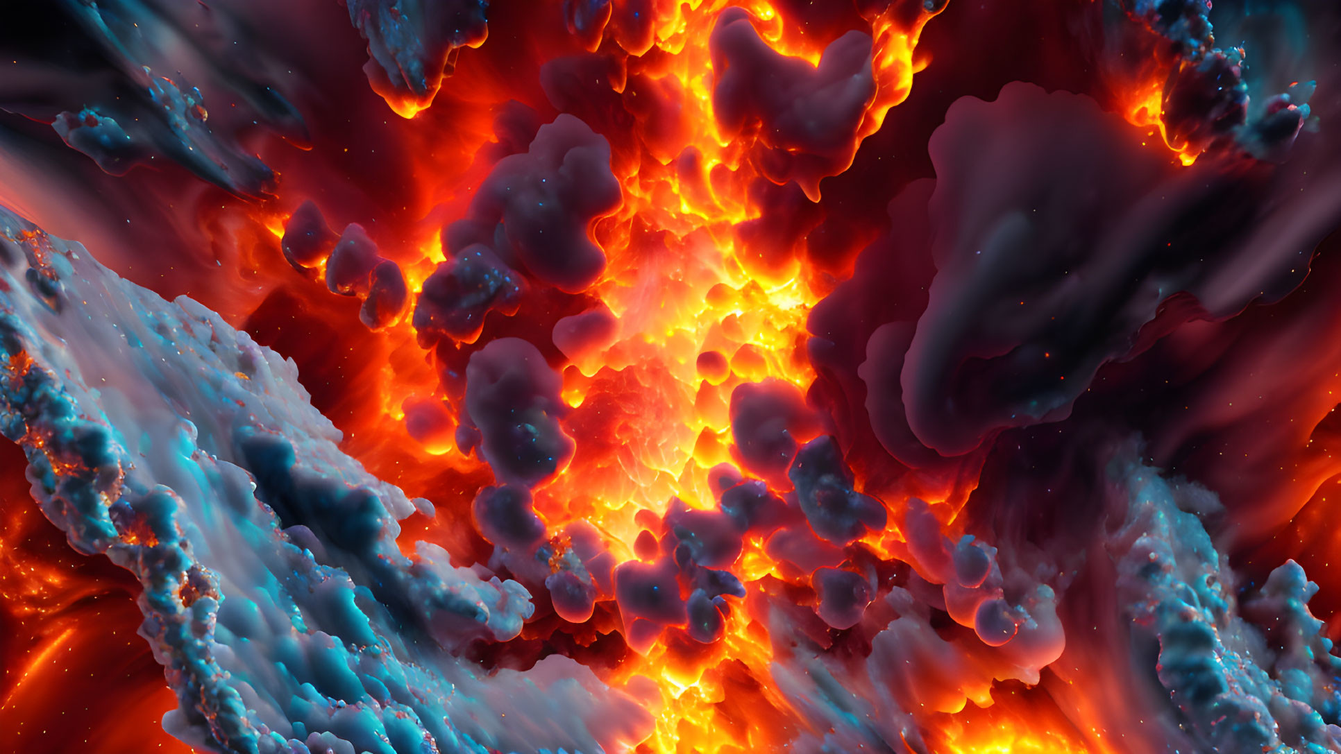 Abstract digital art: Fiery orange and red clouds clash with cool blue swirls in cosmic scene