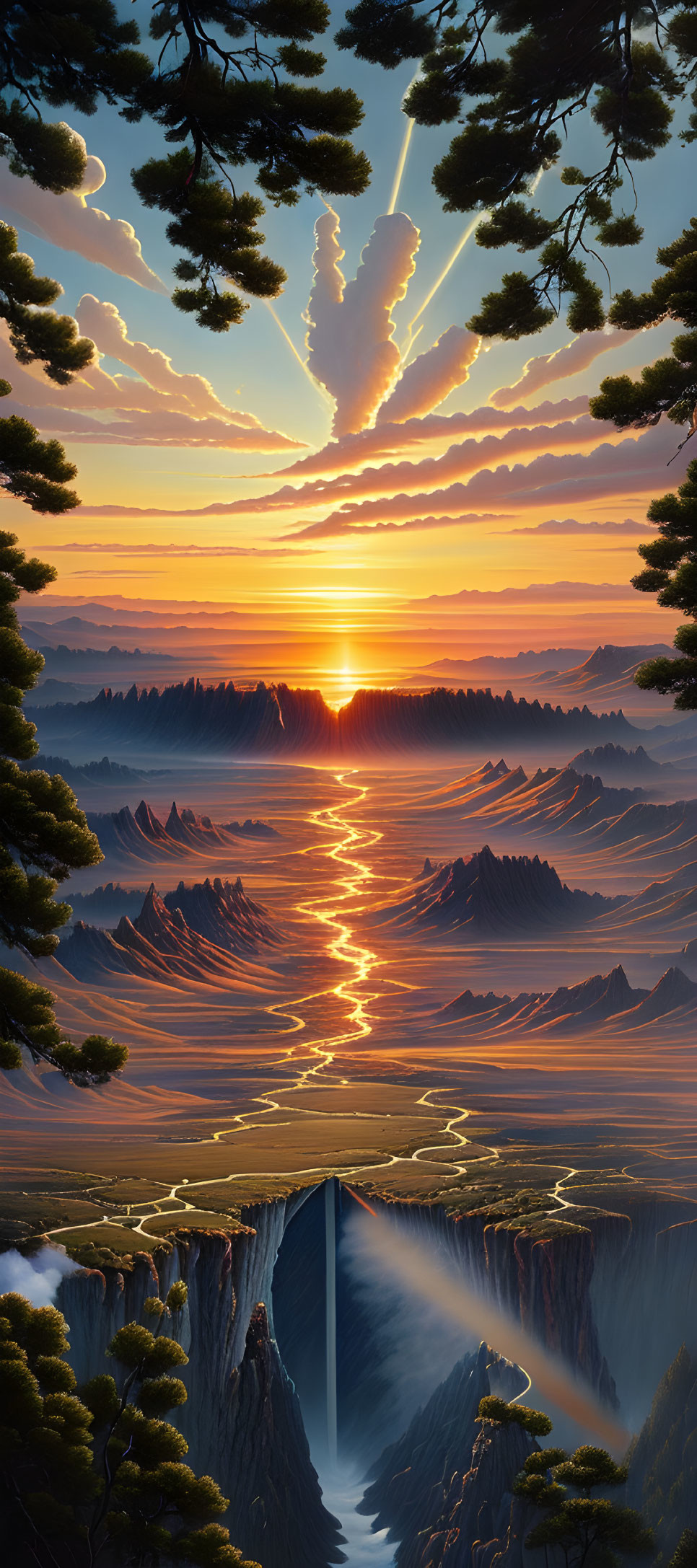 Majestic sunrise over picturesque landscape with river, mountains, pine branches, and waterfall.