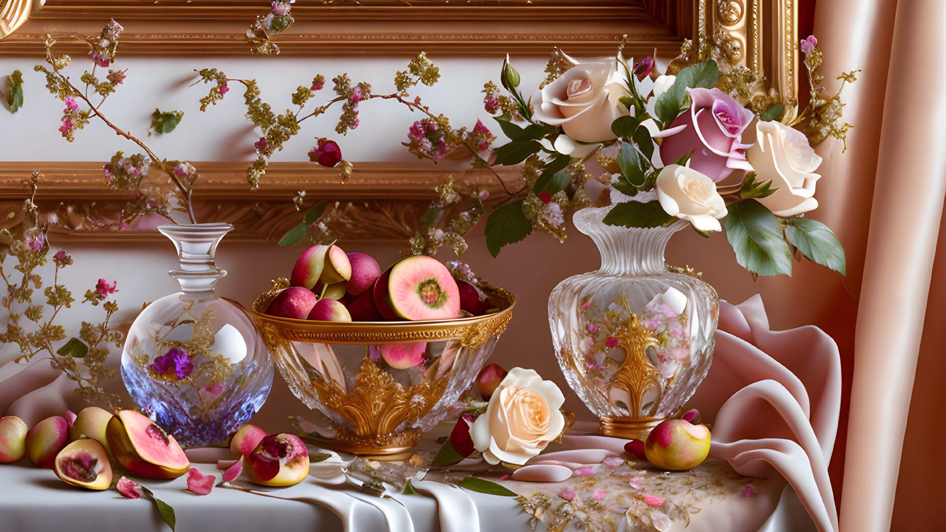 Classic Still Life with Roses, Apples, and Flowers