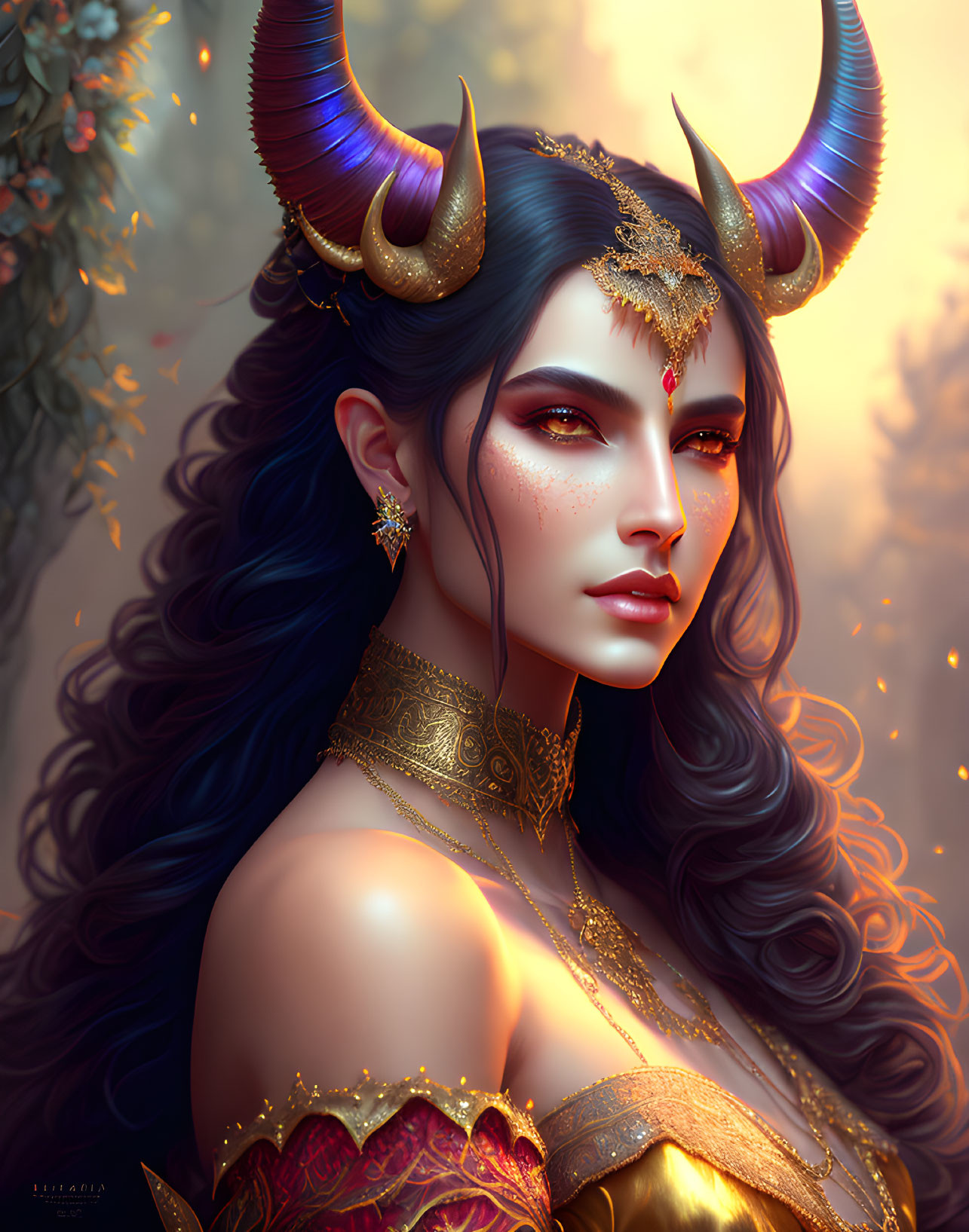 Fantasy female character with large horns and golden jewelry