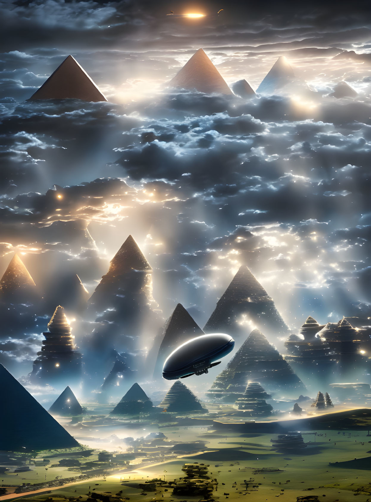 Surreal landscape with layered pyramids and celestial sky.