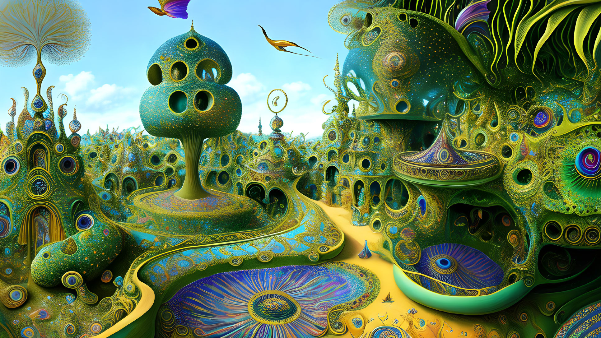 Colorful surreal landscape with fractal structures and peacock feather motifs