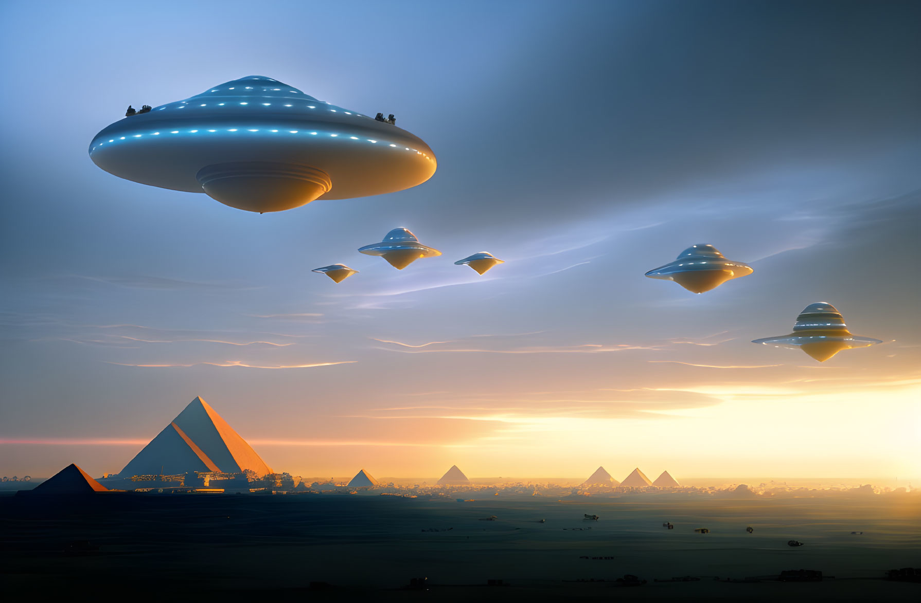 Mysterious UFO fleet above Giza Pyramid complex at sunrise or sunset