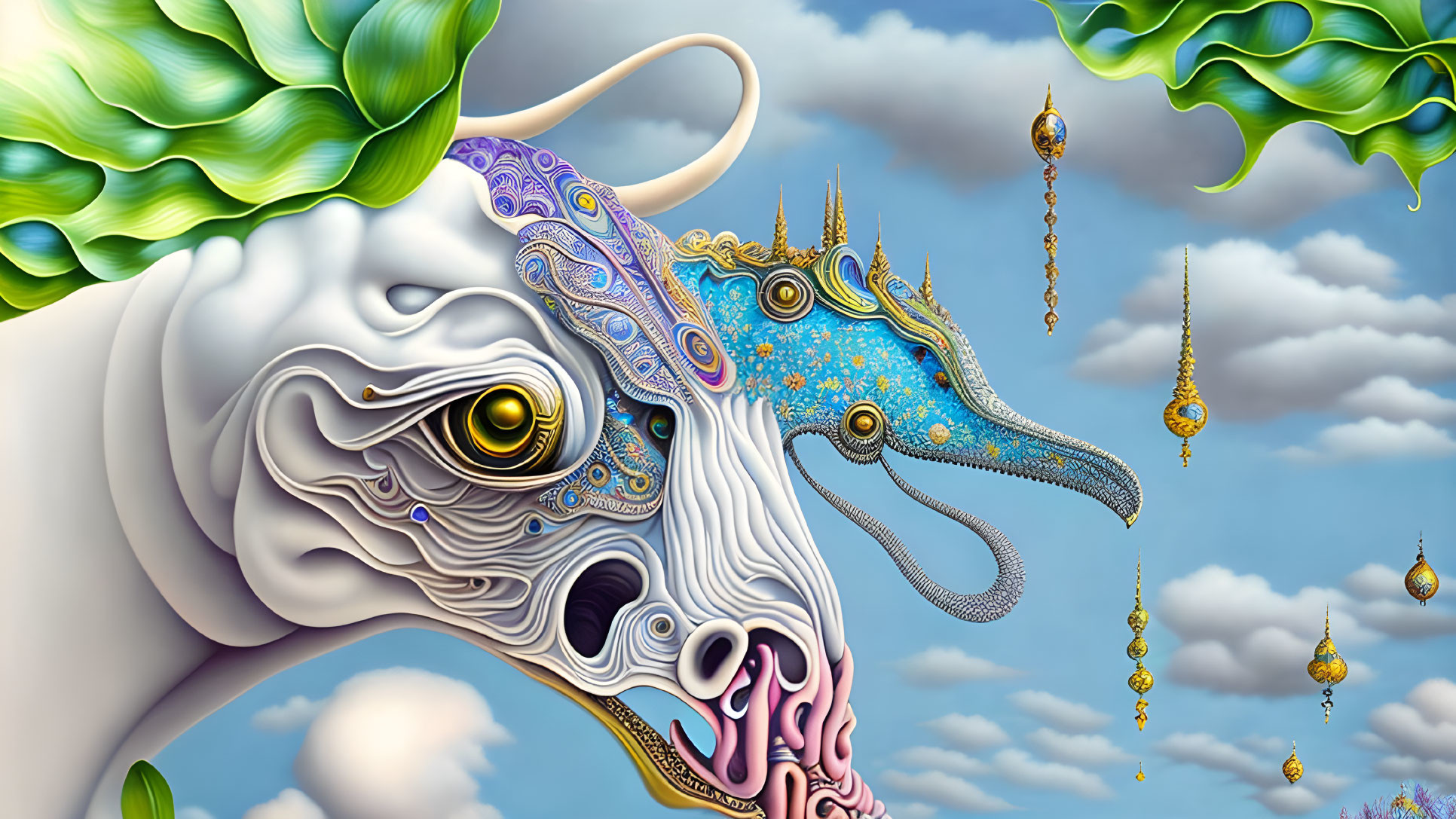 Vibrant surreal creature with bull's head and dragon-like extension in cloudy sky