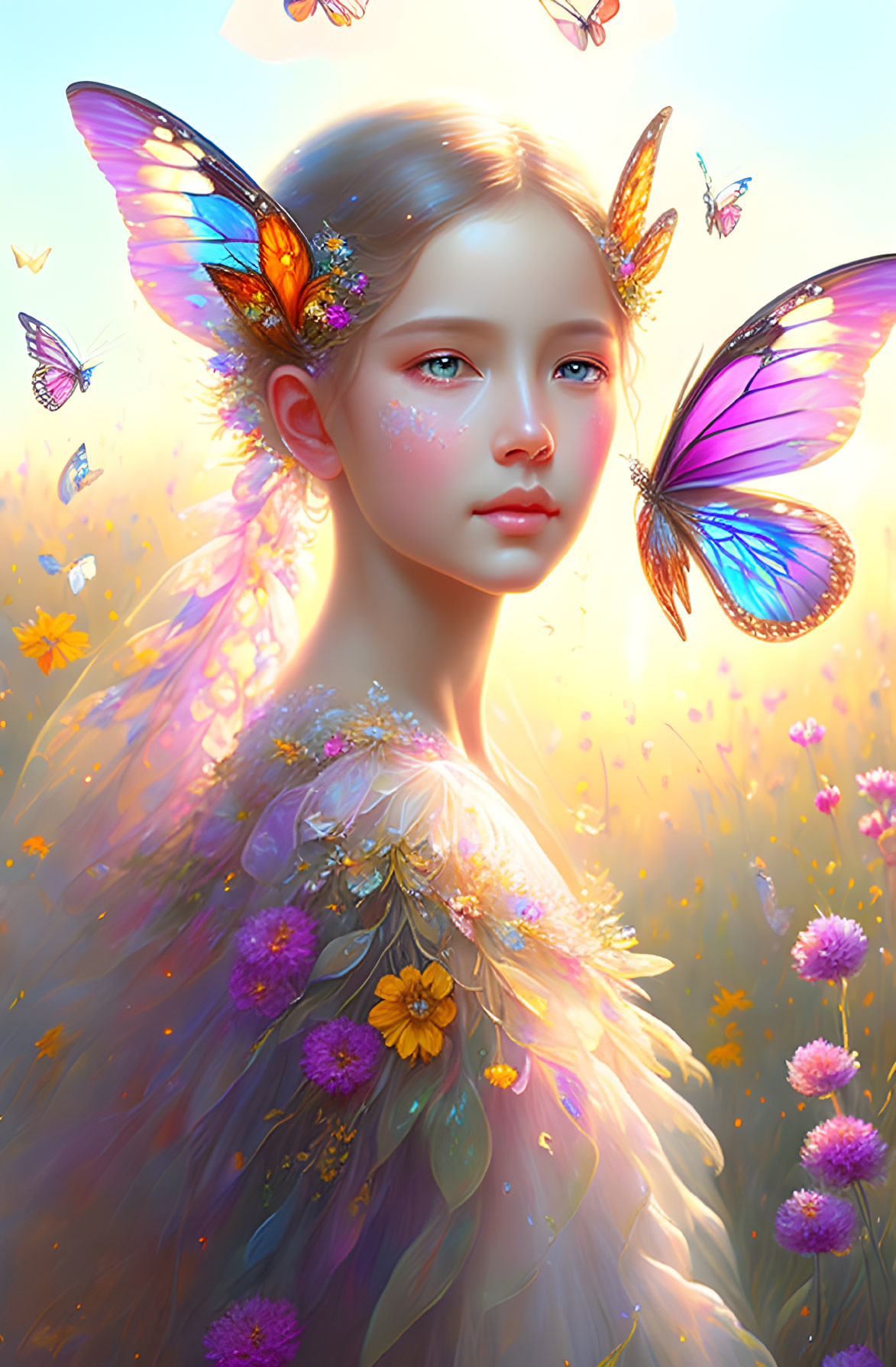 Fantasy illustration: Young girl with iridescent butterfly wings in glowing meadow