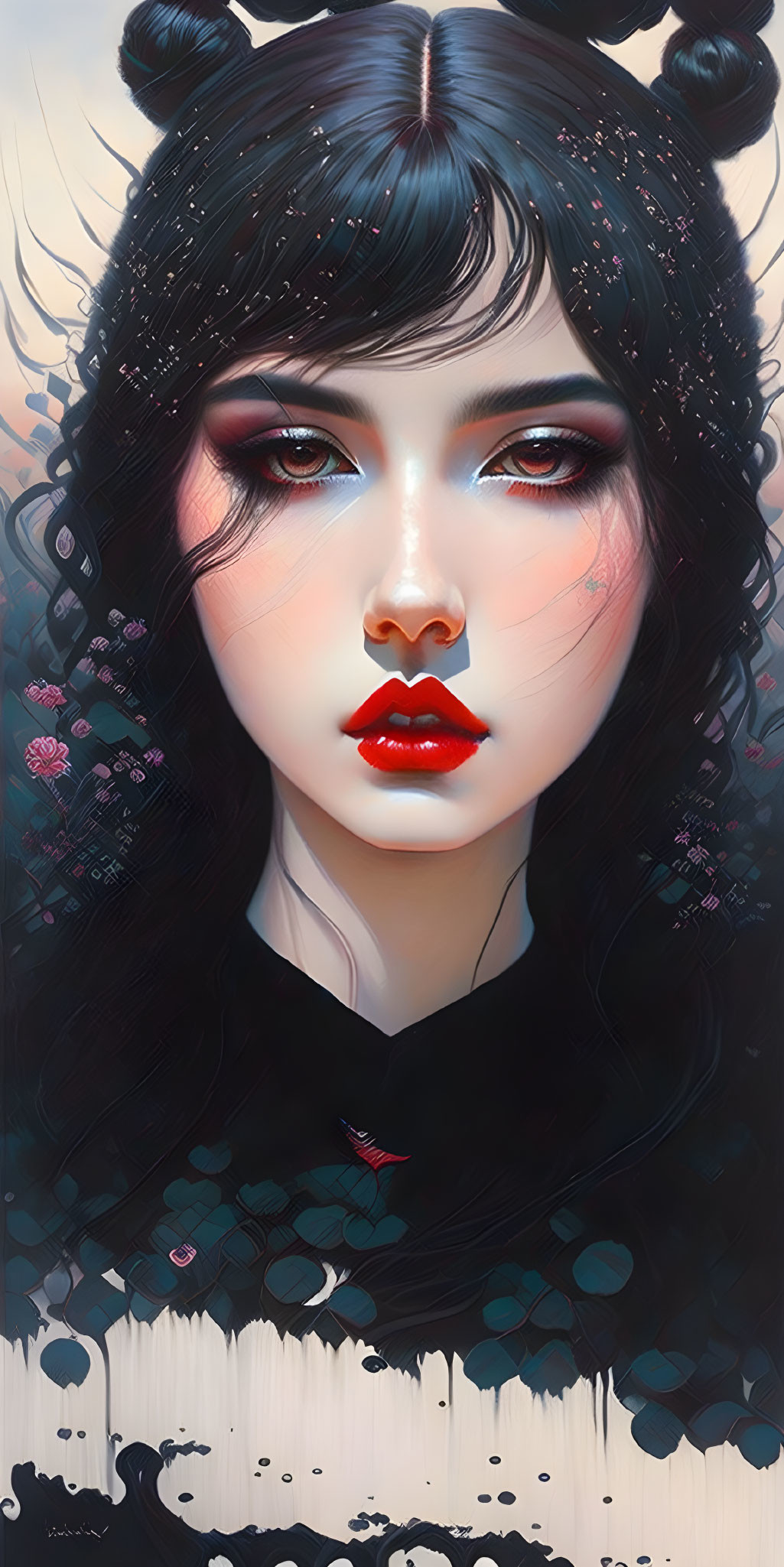 Stylized portrait of woman with expressive eyes, dark hair, red lips, and floral motifs