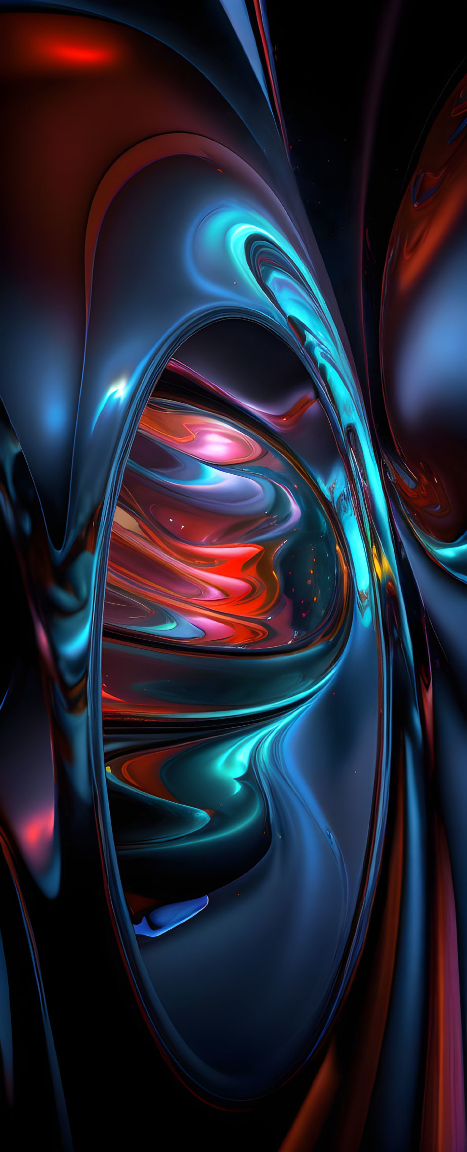 Vibrant metallic abstract digital art in blue, red, and orange hues