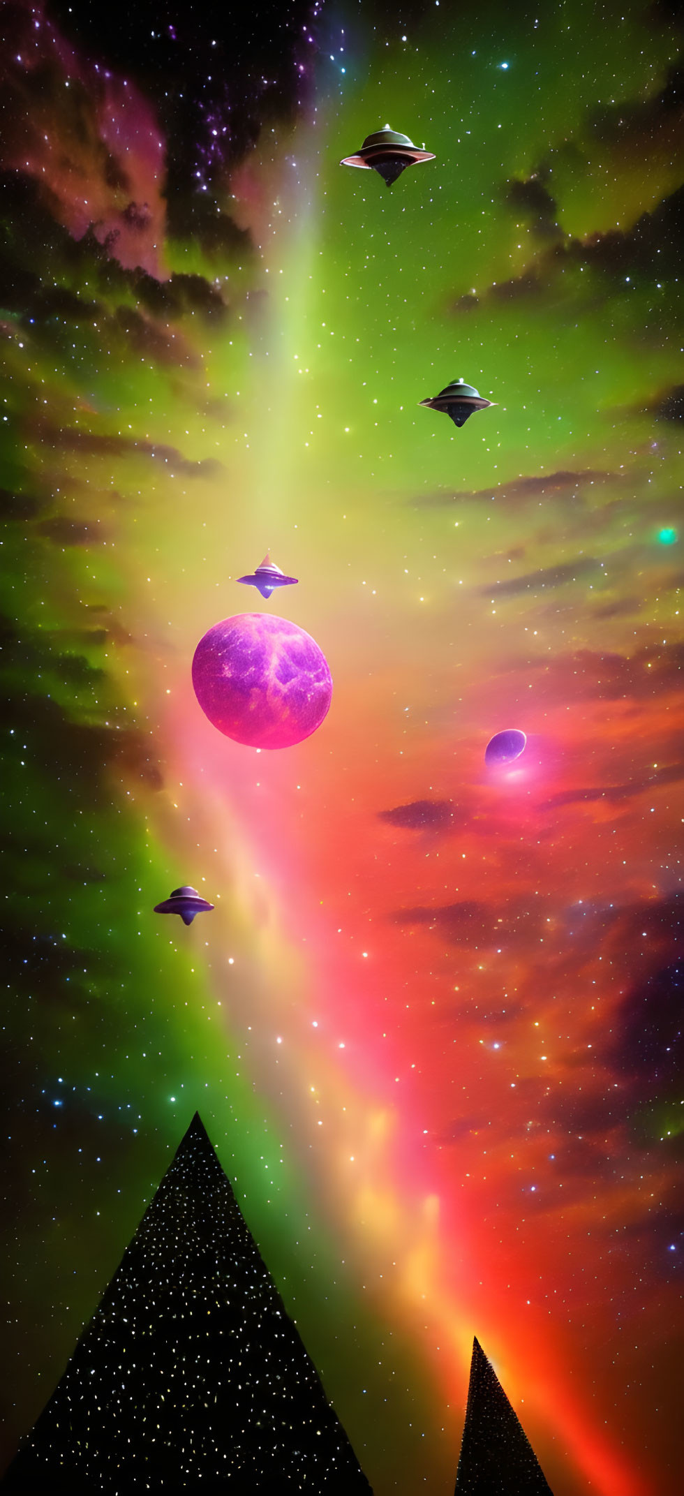 Colorful cosmic scene with purple planet, aurora colors, pyramids, and UFOs