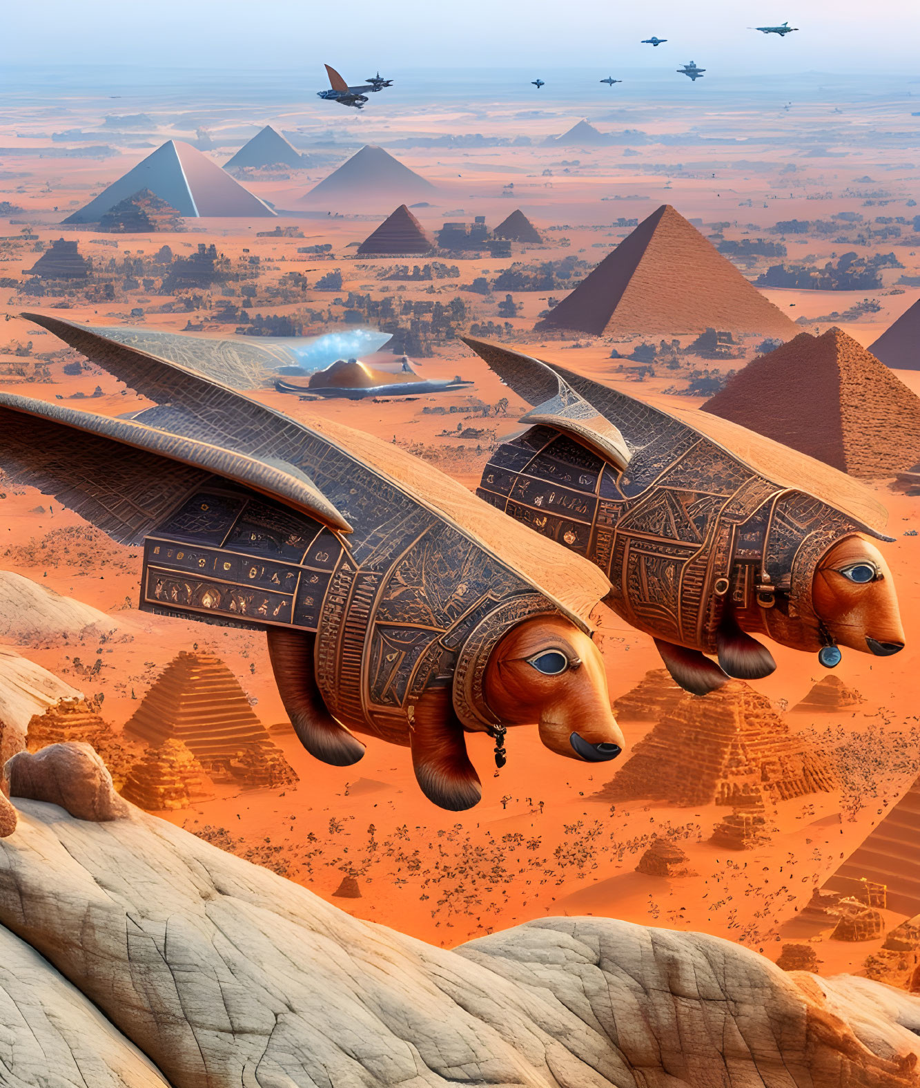 Futuristic aircraft with ancient Egyptian design motifs over desert pyramids and Sphinx under orange sky