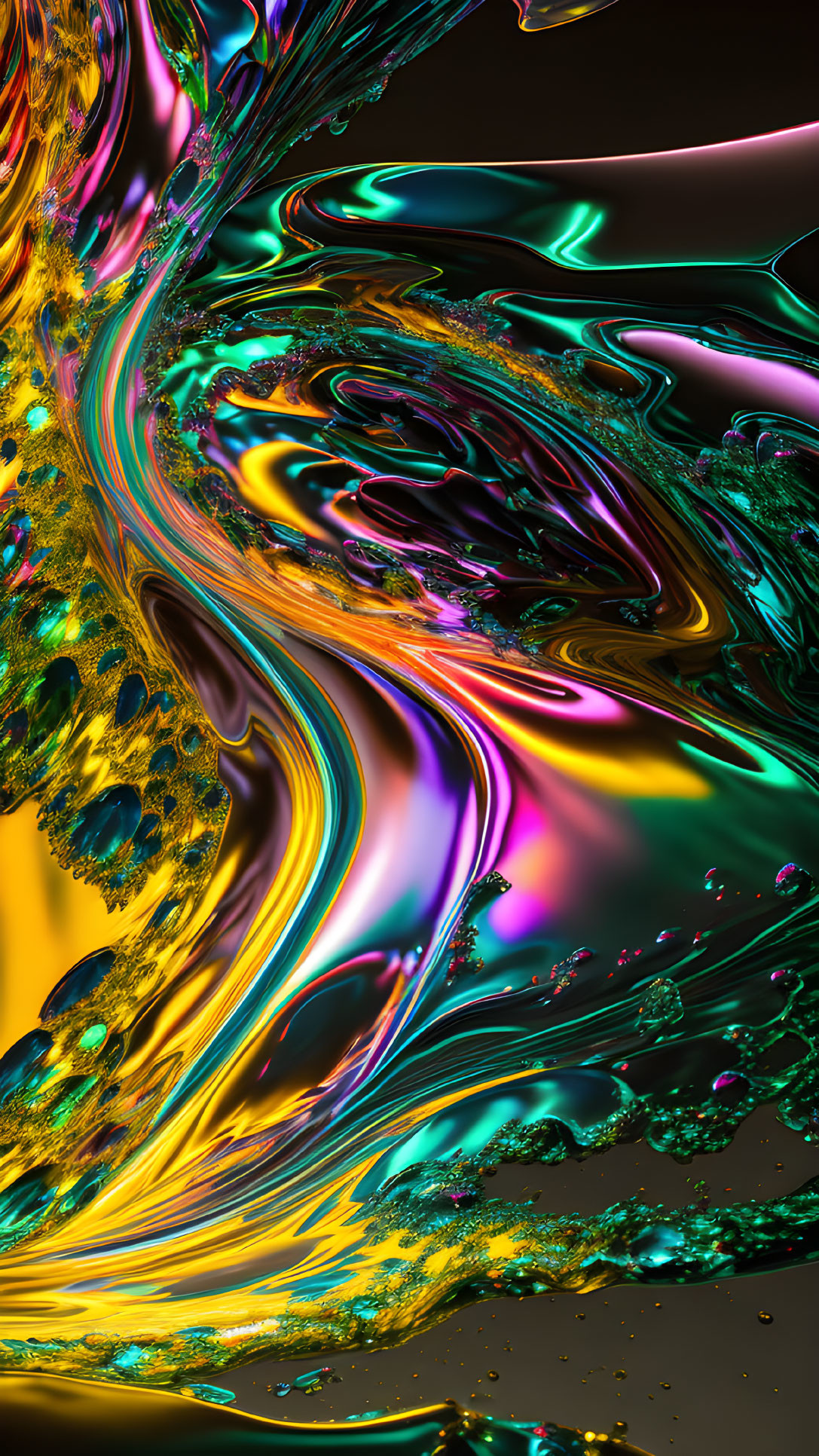 Colorful metallic swirls: Yellow, pink, and green hues on dark backdrop