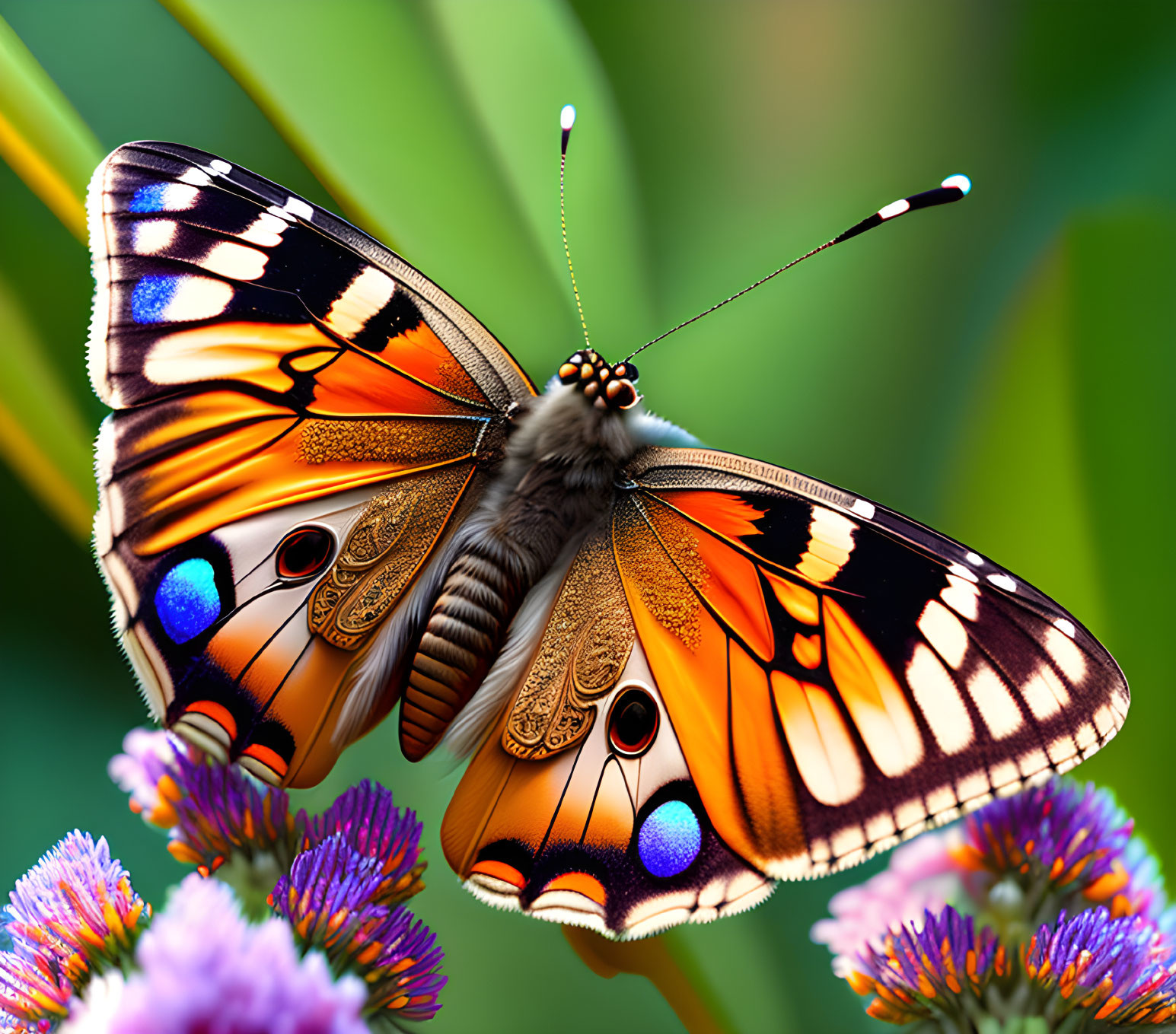 Colorful Butterfly Resting on Purple Flowers with Bokeh Green Background