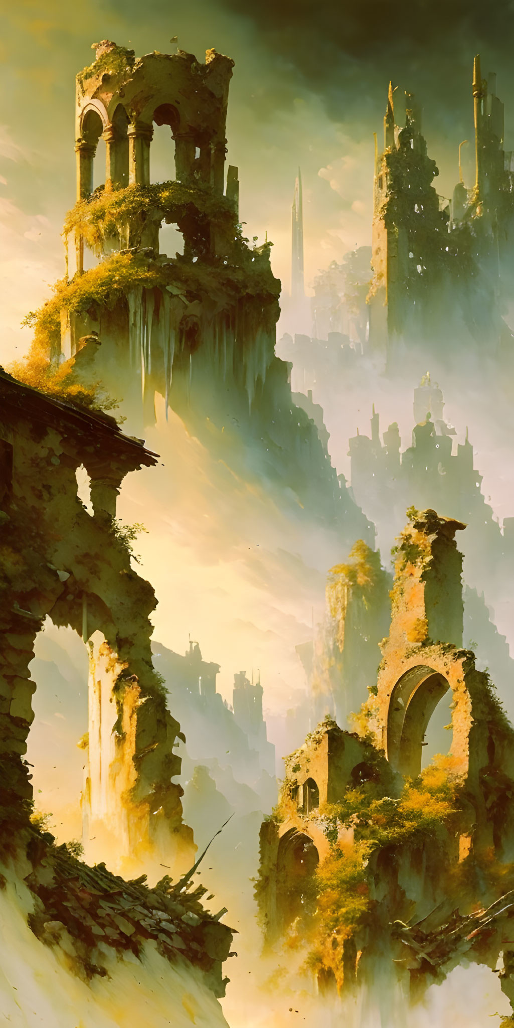 Misty ancient city on dramatic cliffs with ruins and vegetation