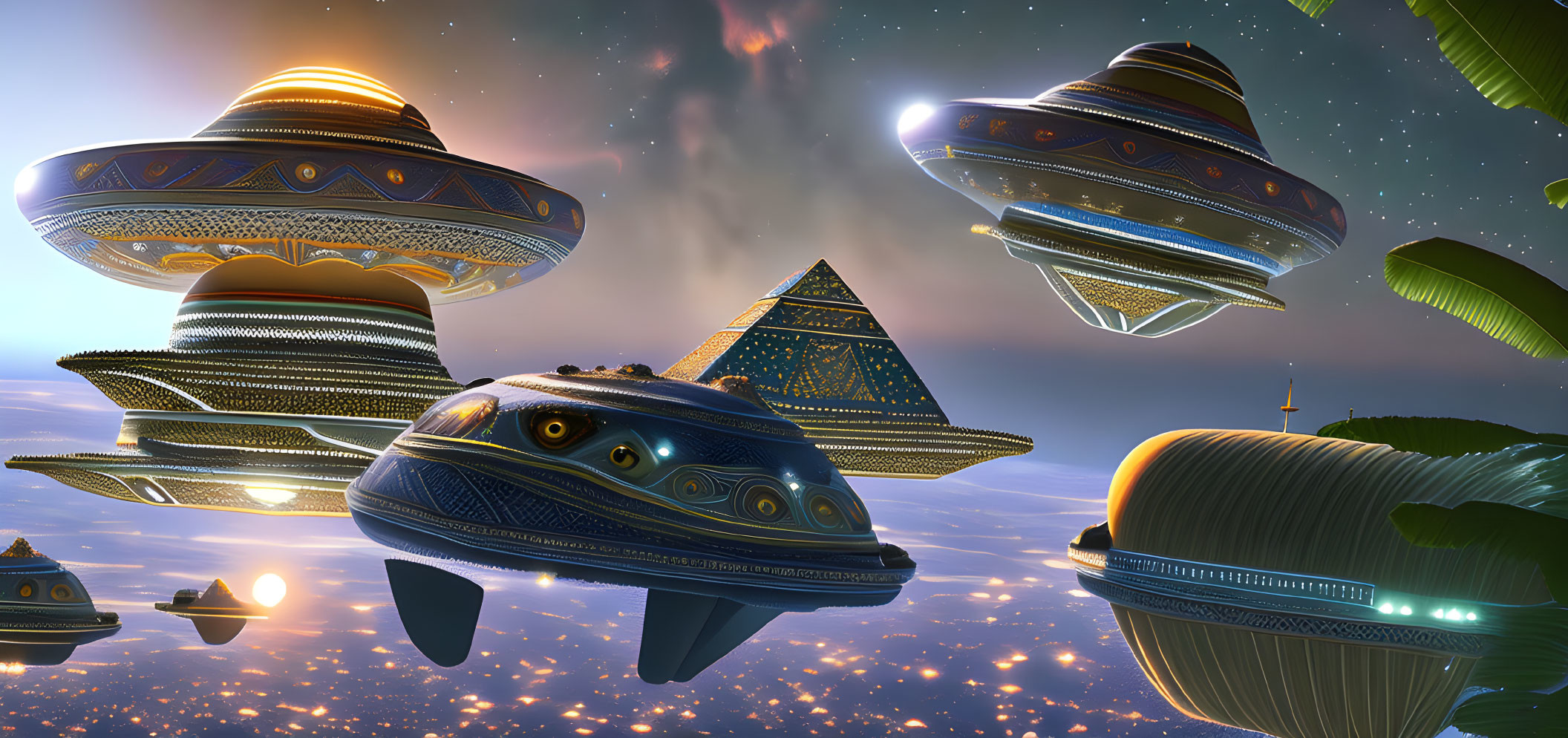 Artistically designed UFO fleet above Egyptian pyramid under starry sky.