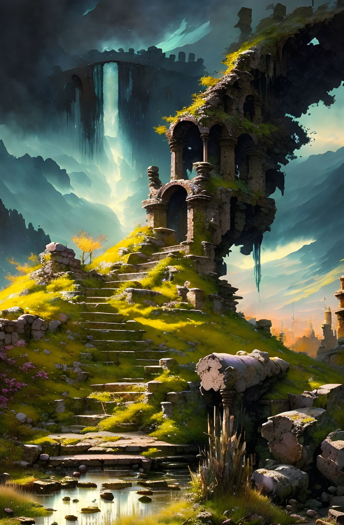 Fantastical landscape with ancient staircase and waterfalls