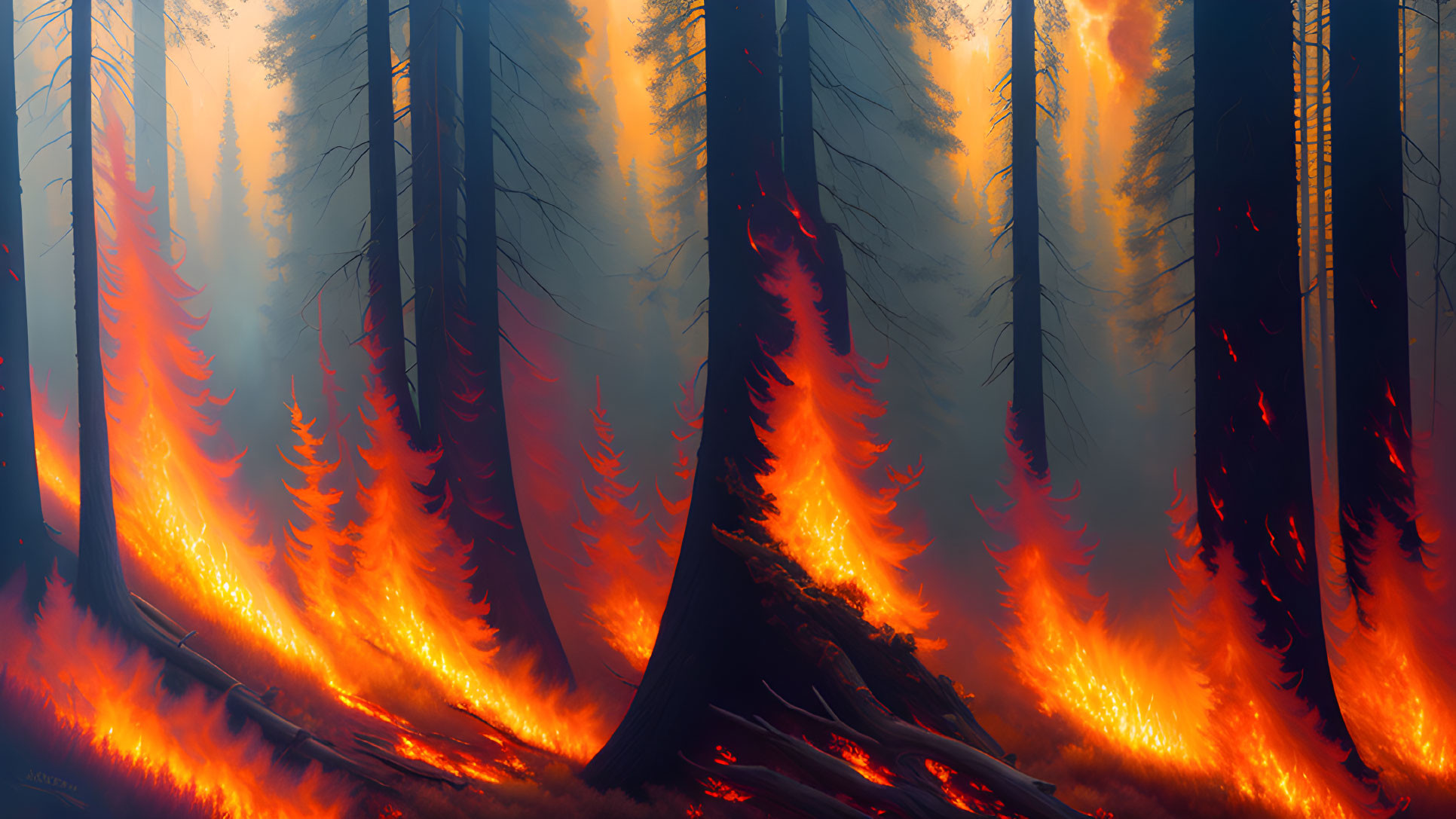 Forest fire engulfs towering trees in dense blaze