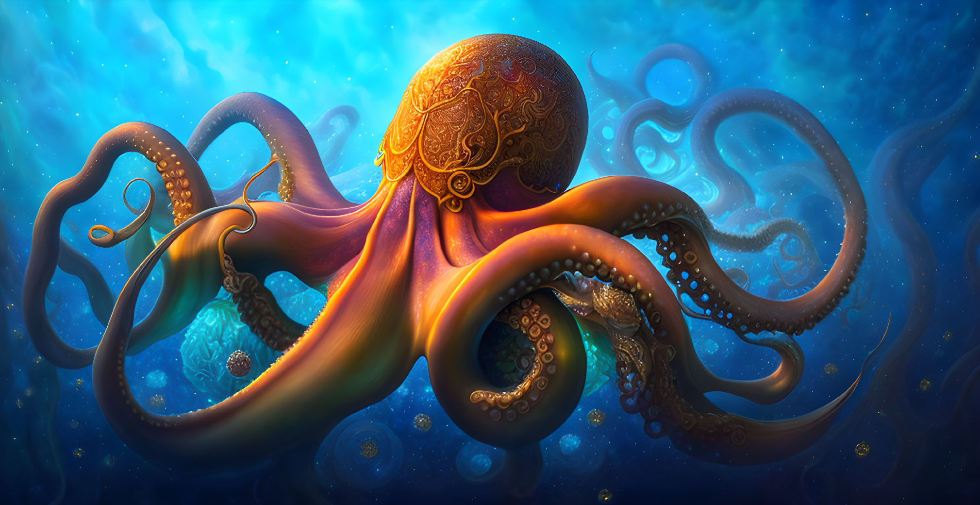 Detailed Orange Octopus with Swirling Tentacles in Blue Underwater Scene