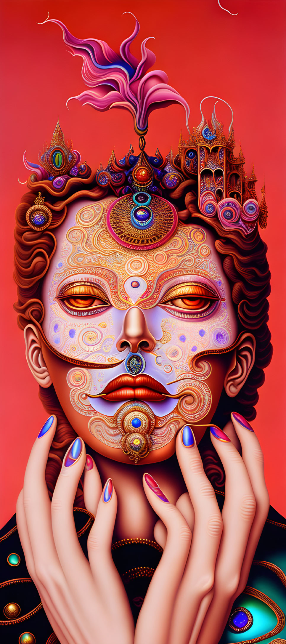 Colorful digital illustration of person with patterned mask and surreal elements