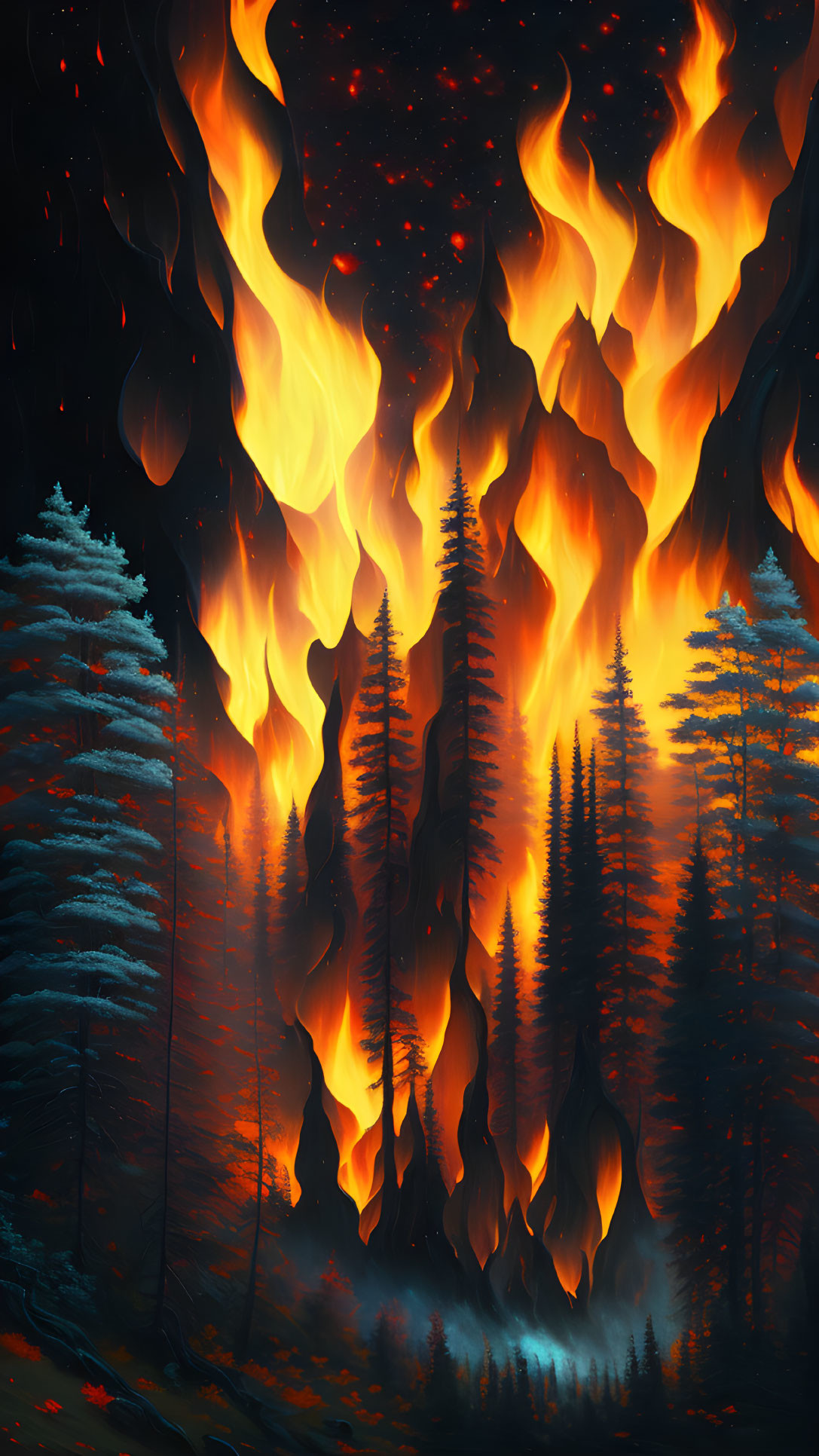 Fiery night forest scene with intense flames and smoky sky