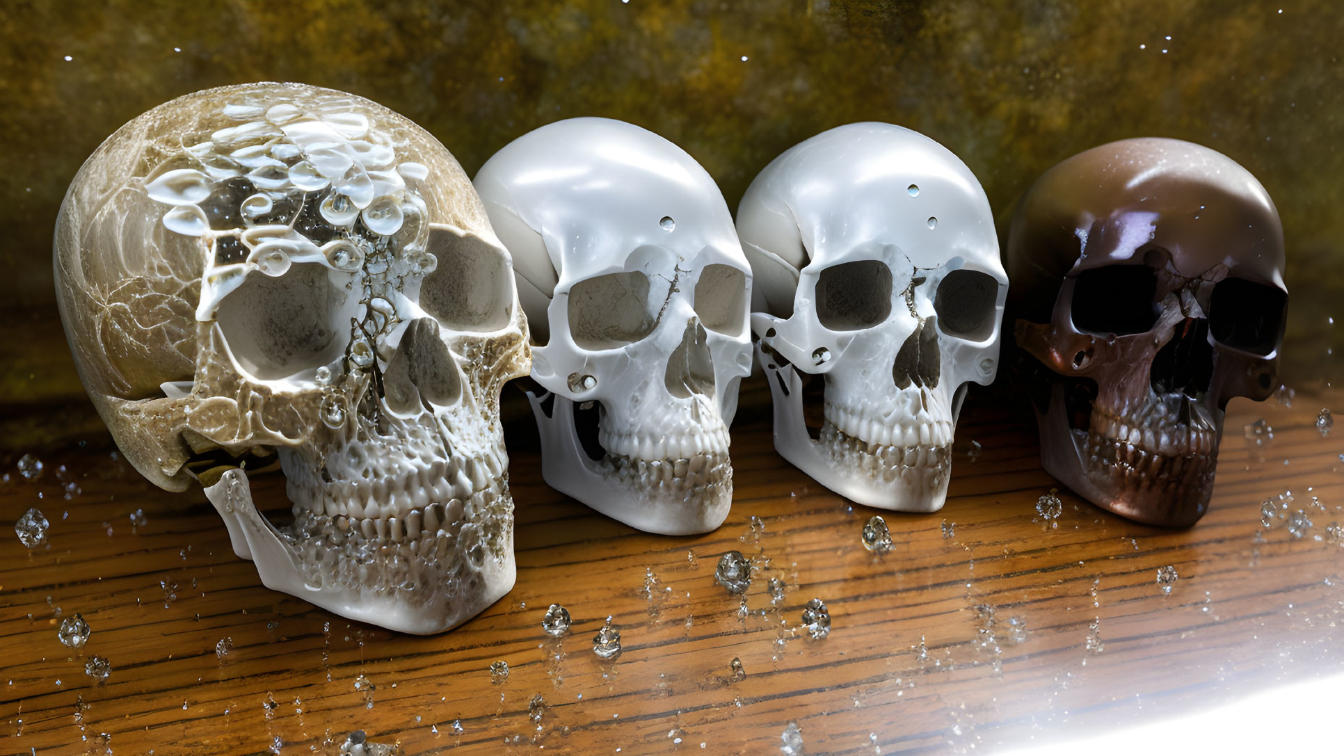 Colorful decorative skulls on wooden surface with bubbles and water drops