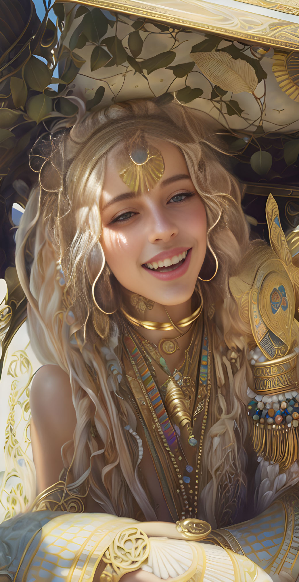 Blonde woman smiling under golden accessories and patterned canopy