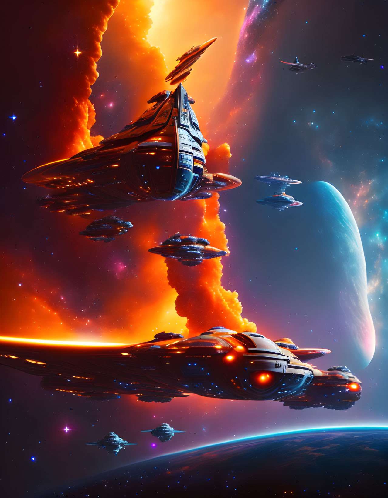 Futuristic spaceships in cosmic scene with planet and nebula