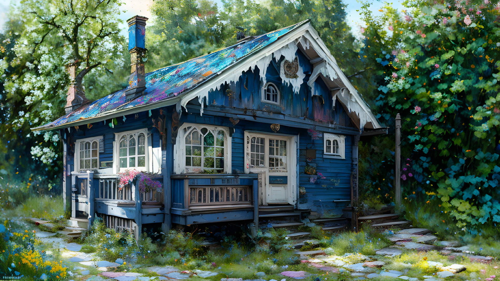 Blue Wooden Cottage Surrounded by Trees and Flowers