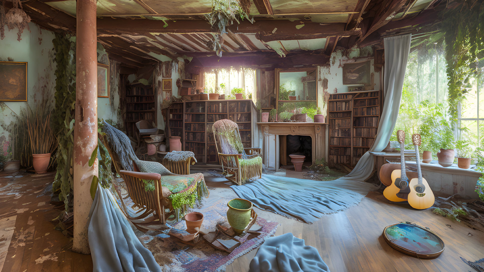 Cozy room with fireplace, plants, books, guitar, peeling ceiling & natural light