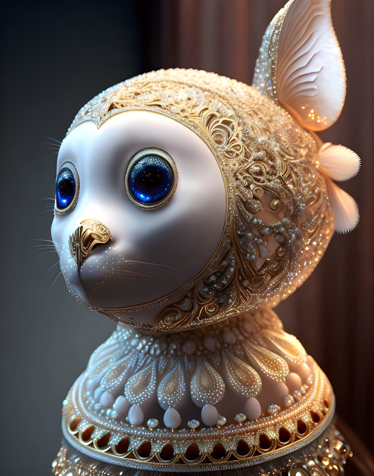 Ornate robotic owl with golden patterns and blue eyes