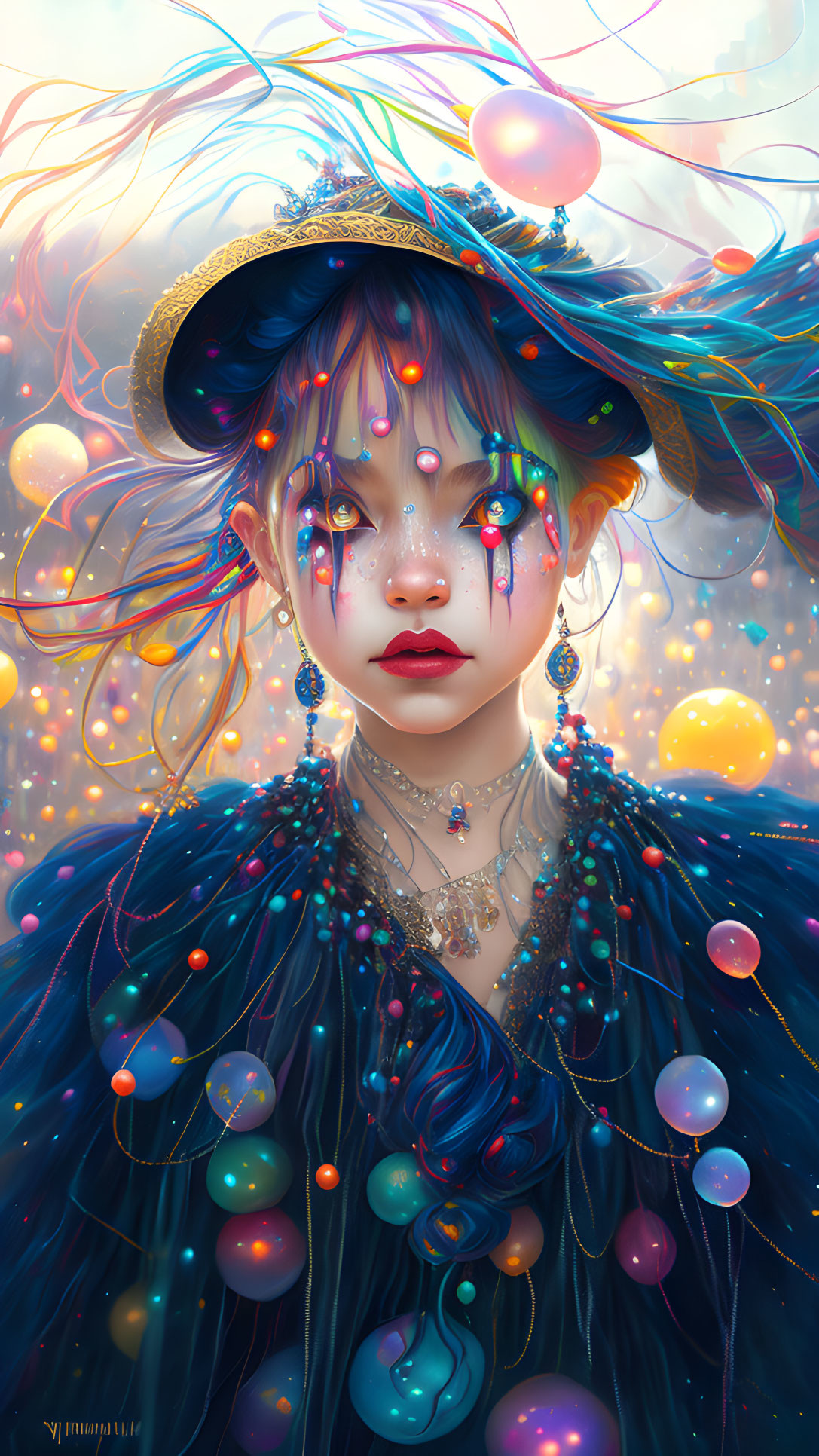 Vibrant blue hair portrait with glowing orbs and shimmering lights