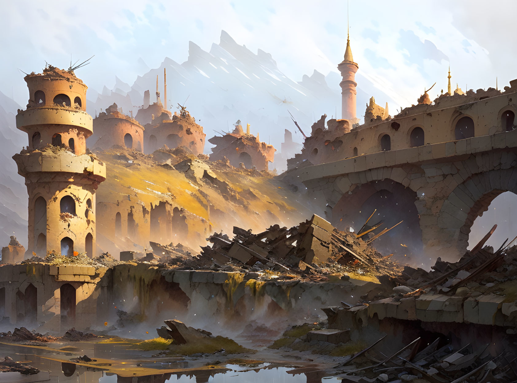 Sunlit ancient city with broken arches and crumbling towers