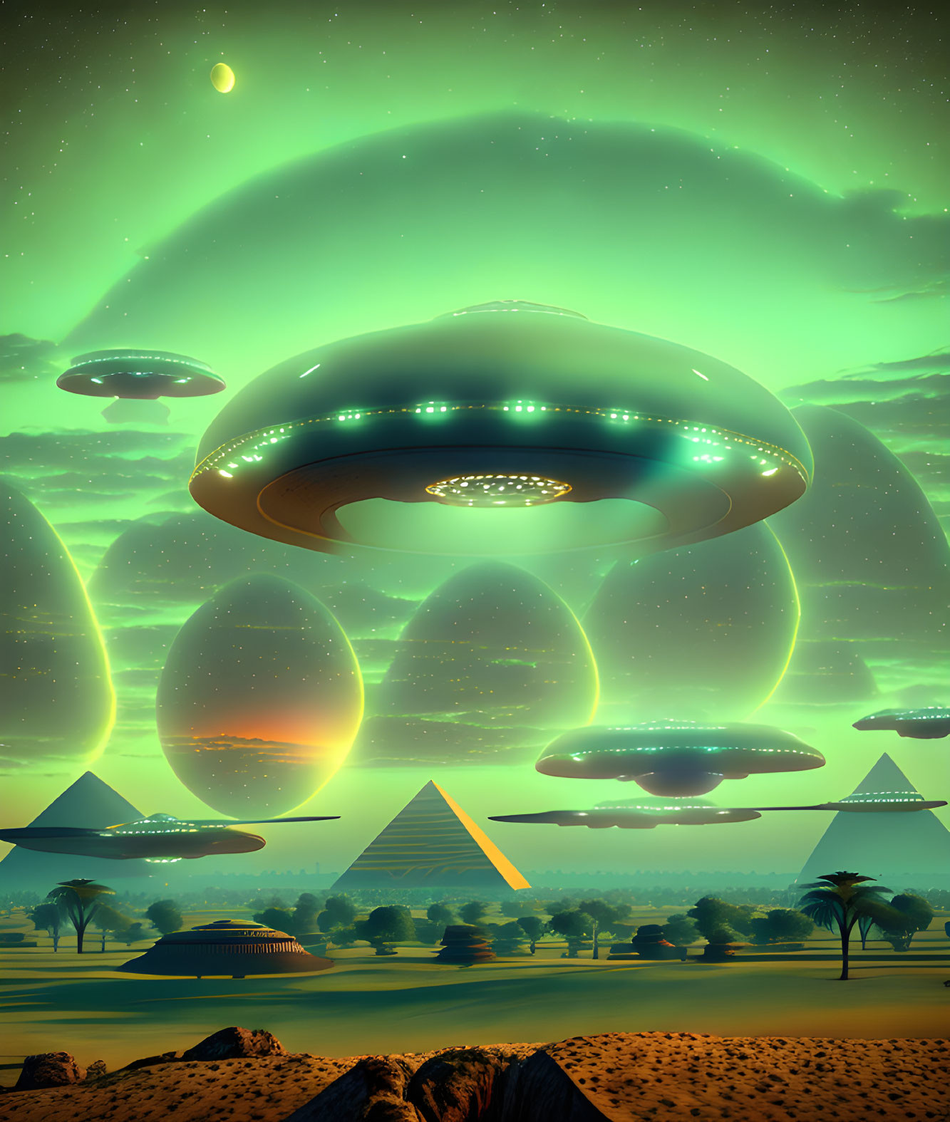 Futuristic UFOs over Egyptian pyramids in green-tinted sky