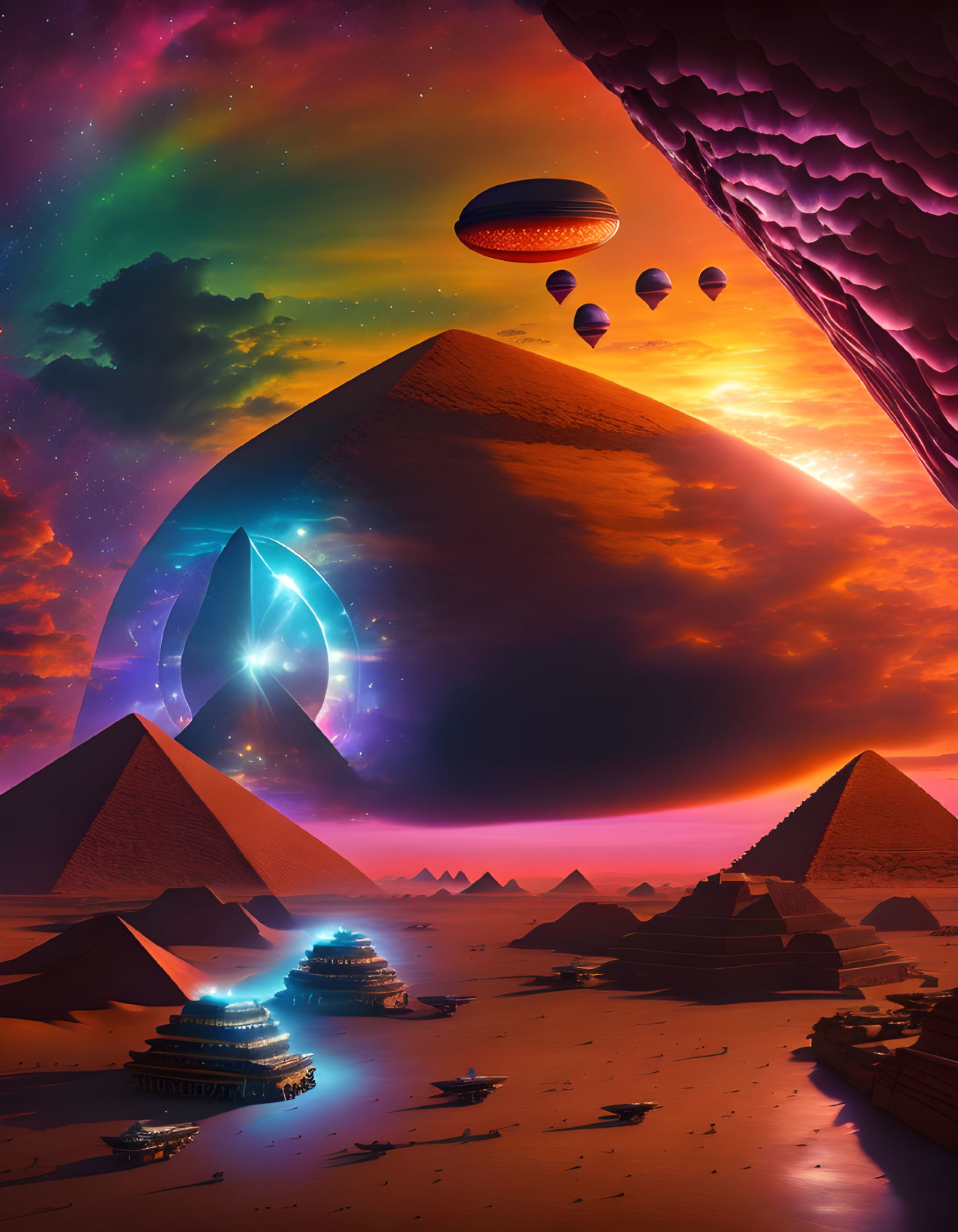 Surreal sci-fi landscape with pyramids, futuristic ships, ring structure, and planets