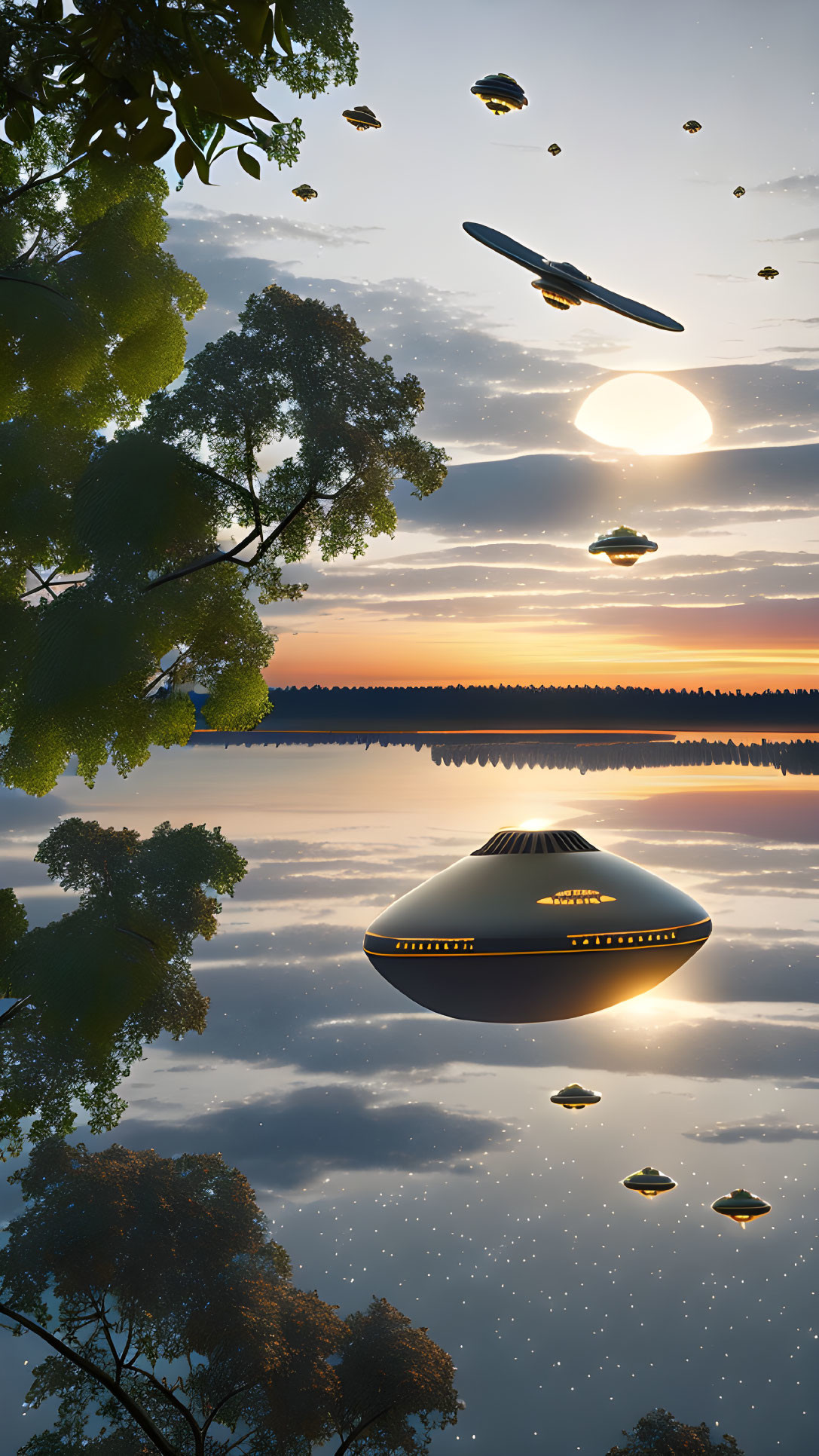 Tranquil lake scene with UFOs and drones at sunset