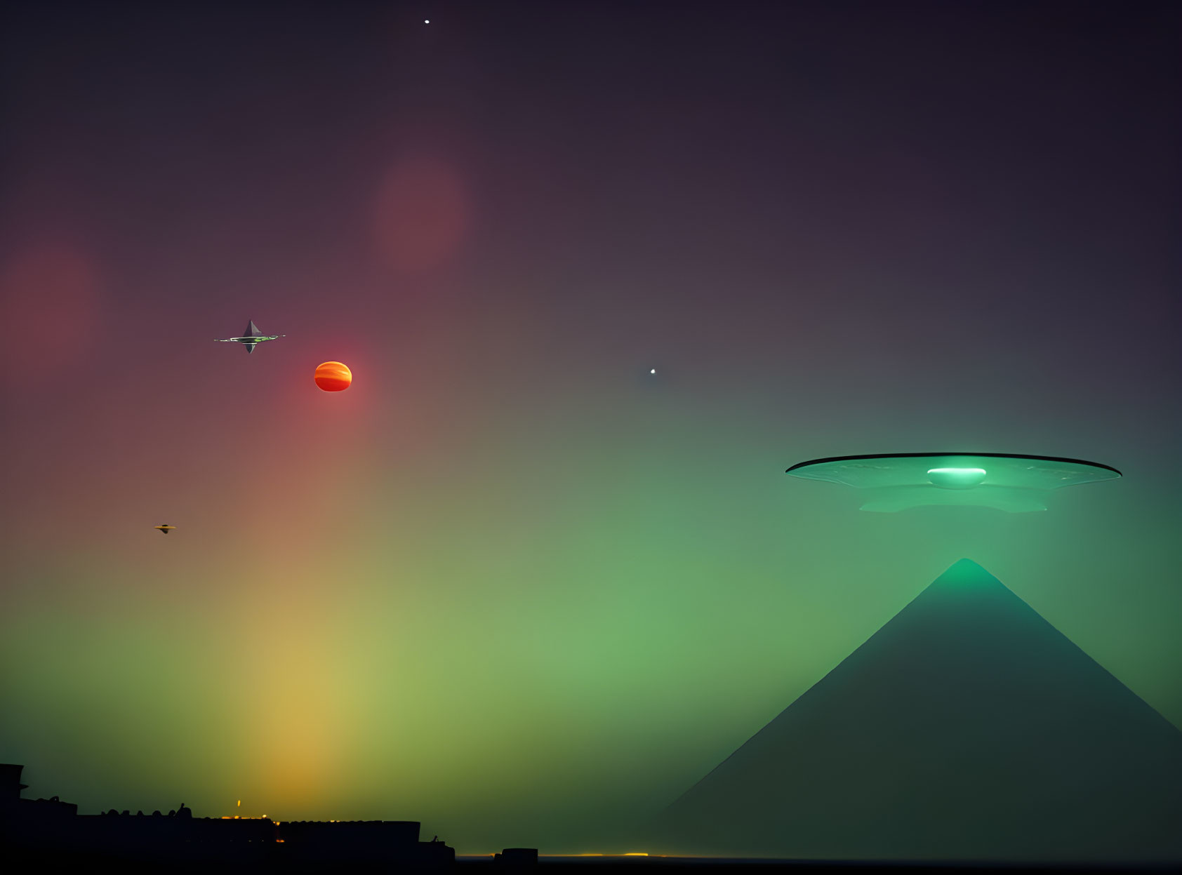 Colorful Sky Gradient with UFO, Pyramid, Eclipsed Sun, Plane, and Bird