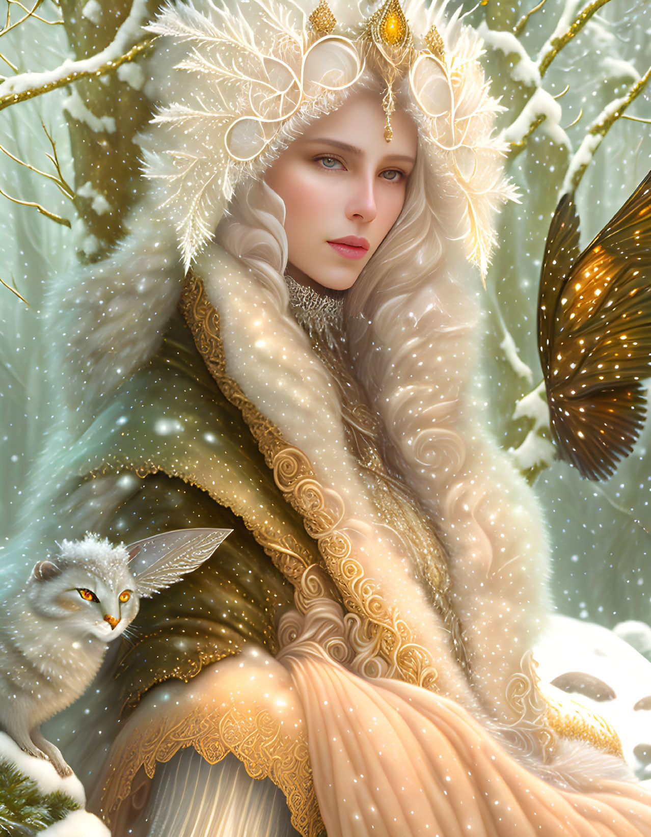 Pale-skinned woman in gold gown with white hair and fox in snowy setting