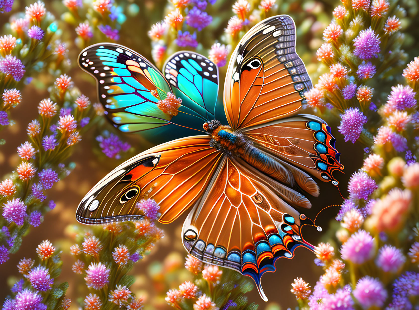 Colorful Butterfly Illustration Perched on Pink Flowers