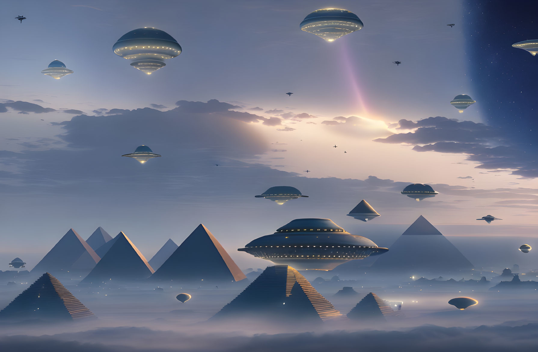 Pyramids, UFOs, Birds, and Hot Air Balloons in Dusk Sky